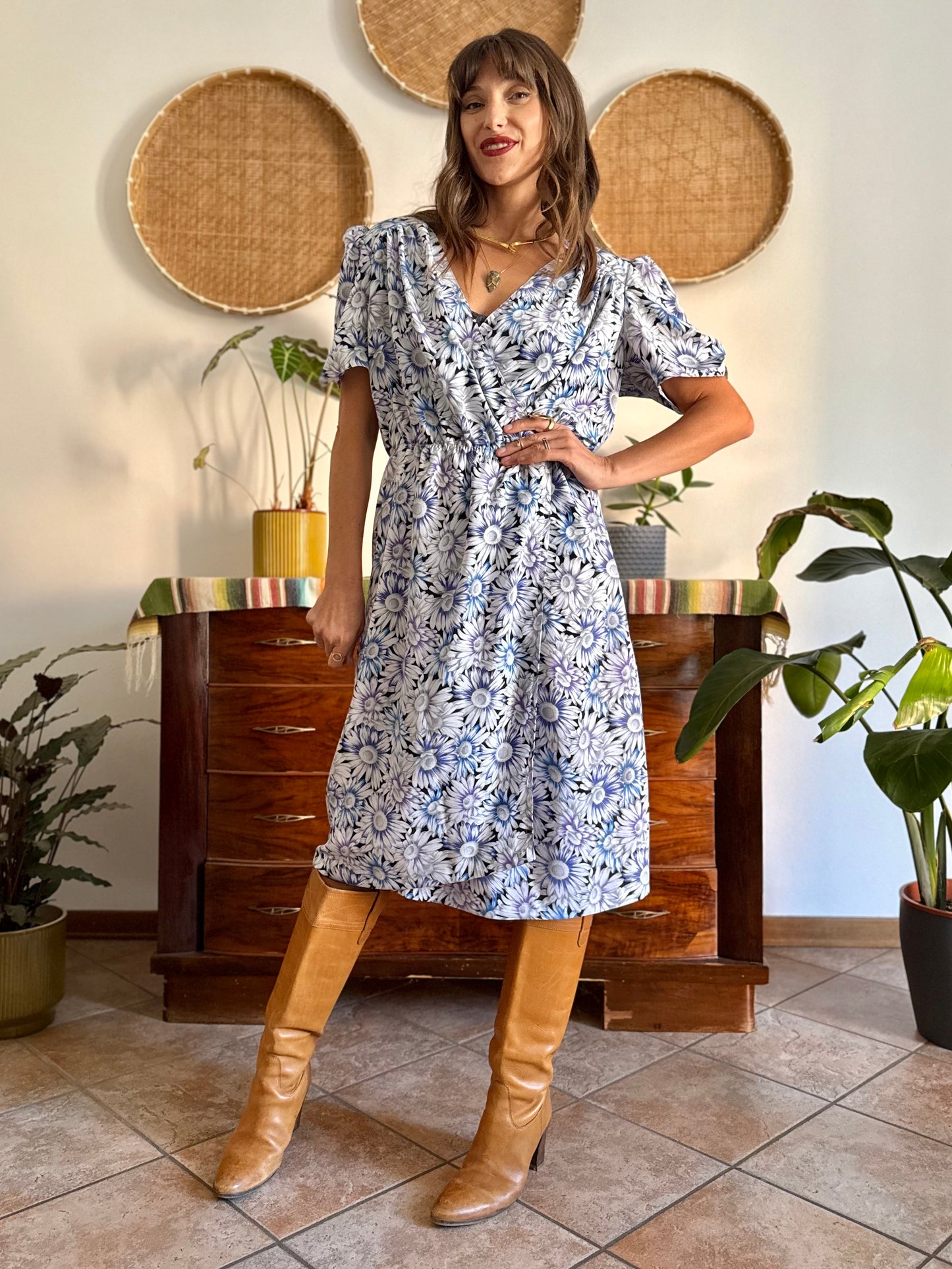 1970's vintage black and white daisy print midi dress with blue and lilac accents
