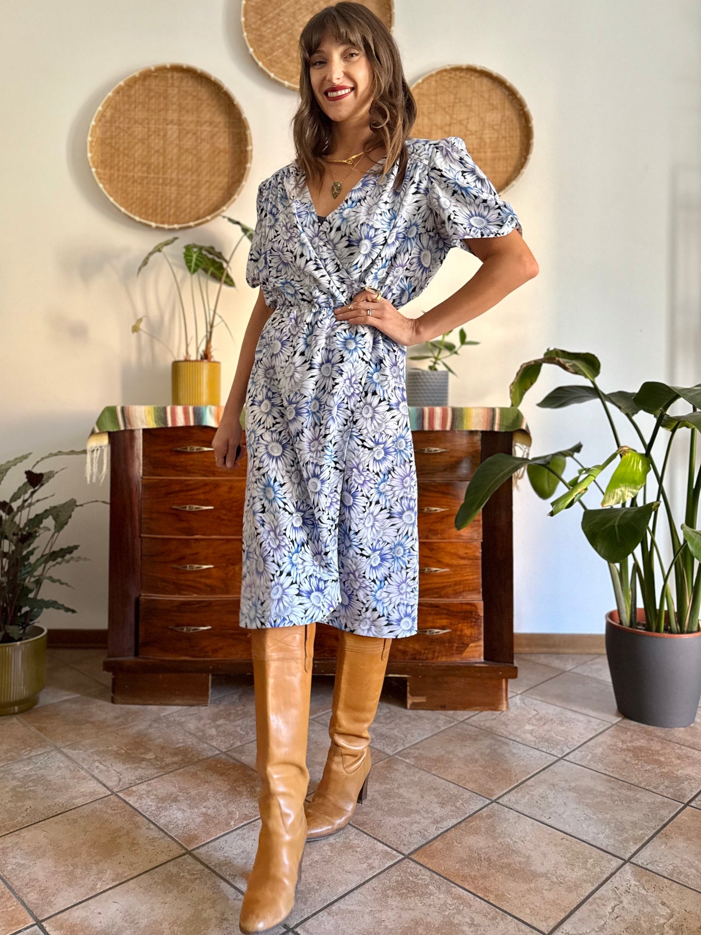 1970's vintage black and white daisy print midi dress with blue and lilac accents