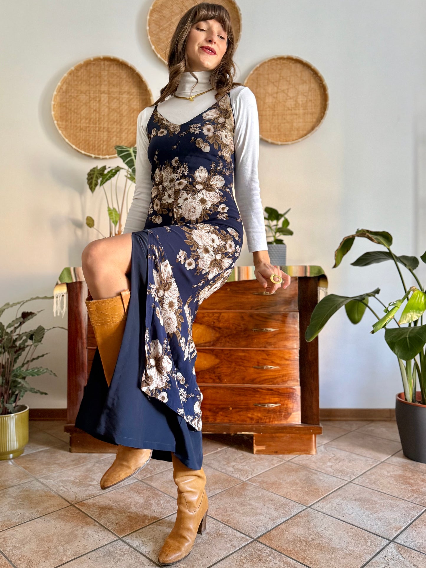 1990's vintage navy blue maxi dress with brown and cream floral print