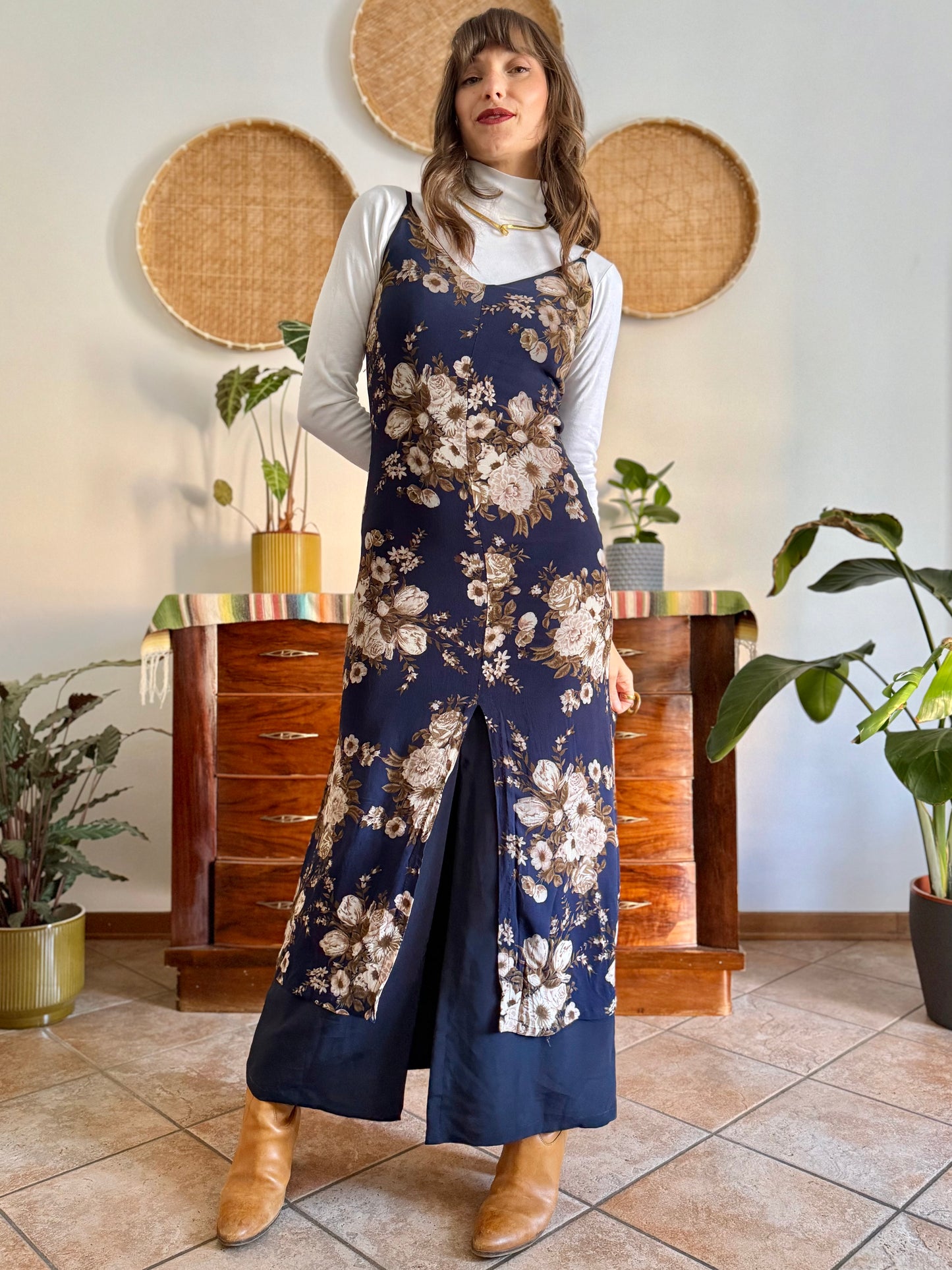1990's vintage navy blue maxi dress with brown and cream floral print