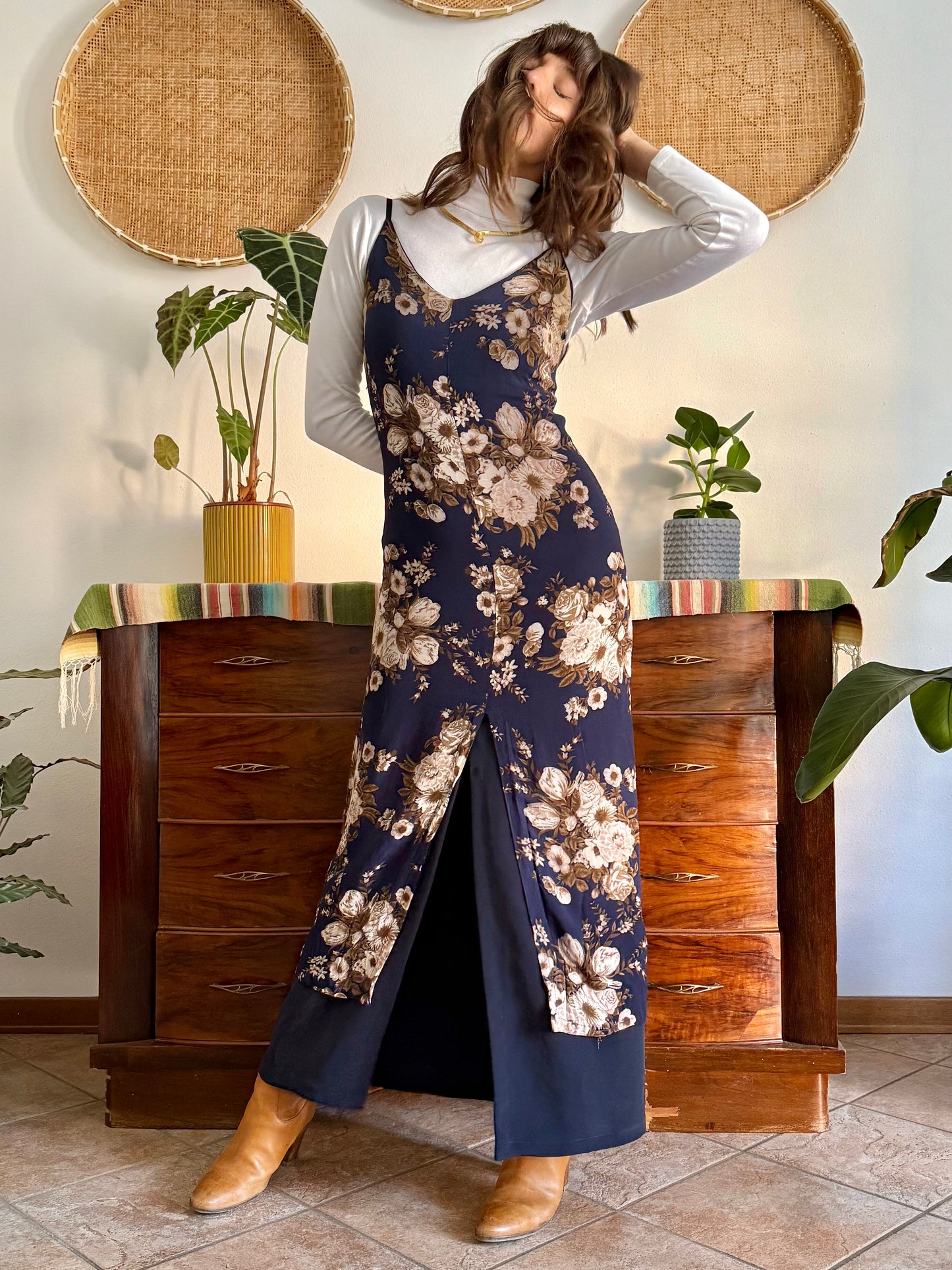 1990's vintage navy blue maxi dress with brown and cream floral print