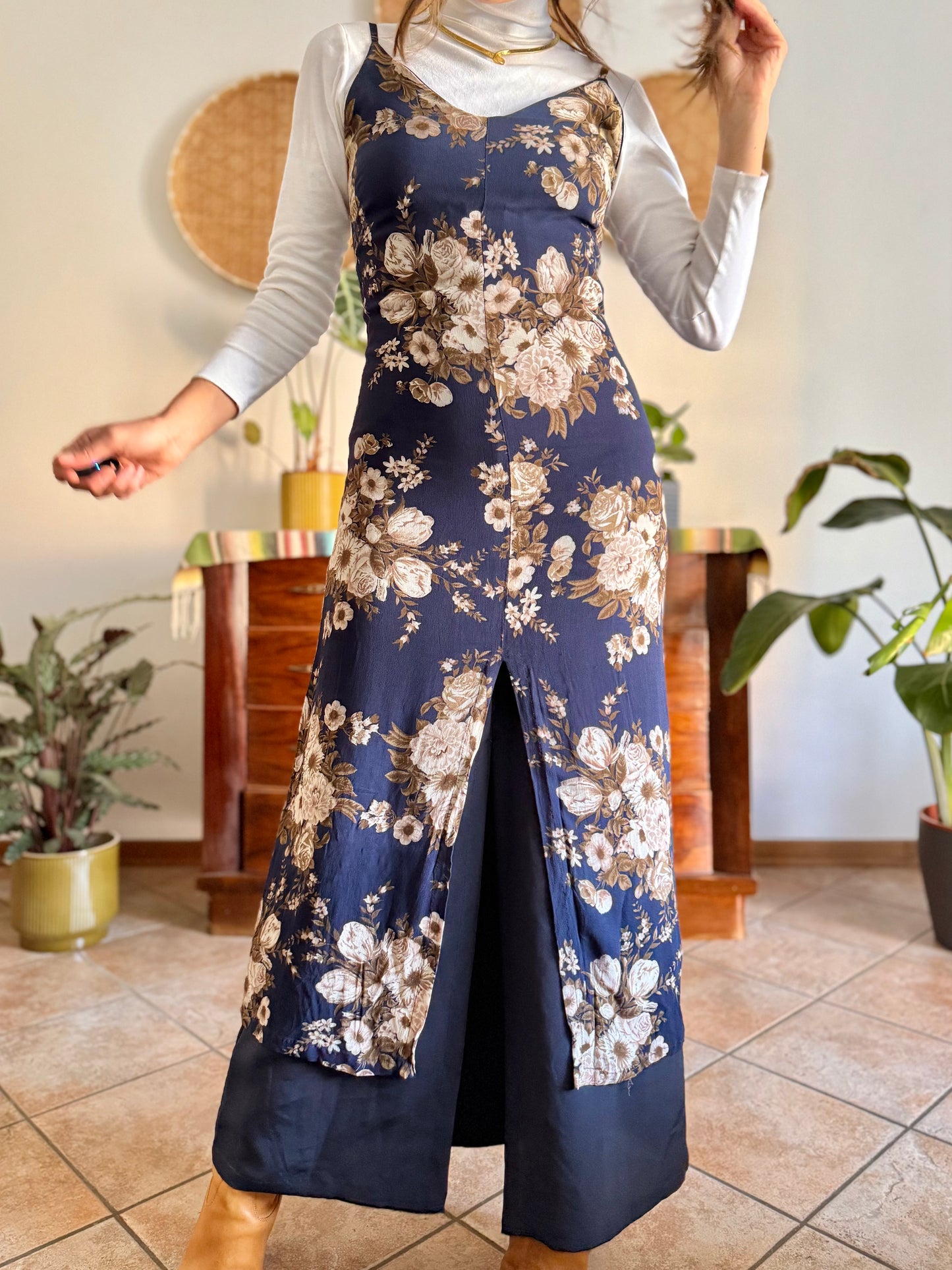 1990's vintage navy blue maxi dress with brown and cream floral print