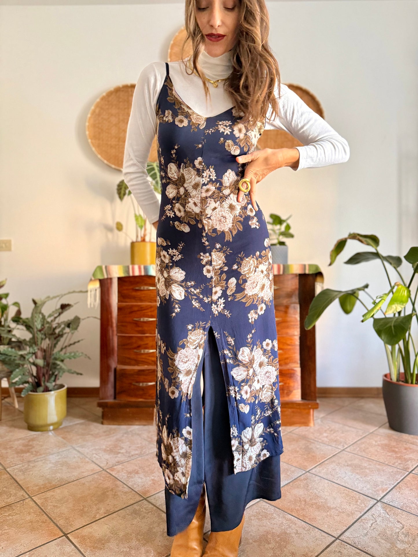 1990's vintage navy blue maxi dress with brown and cream floral print