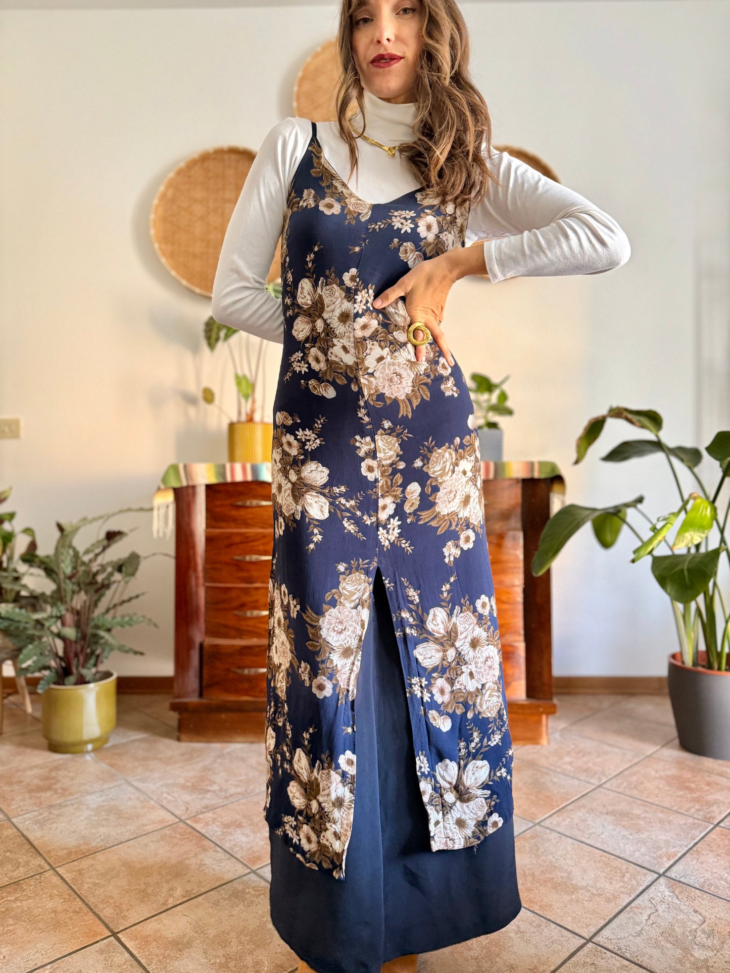1990's vintage navy blue maxi dress with brown and cream floral print