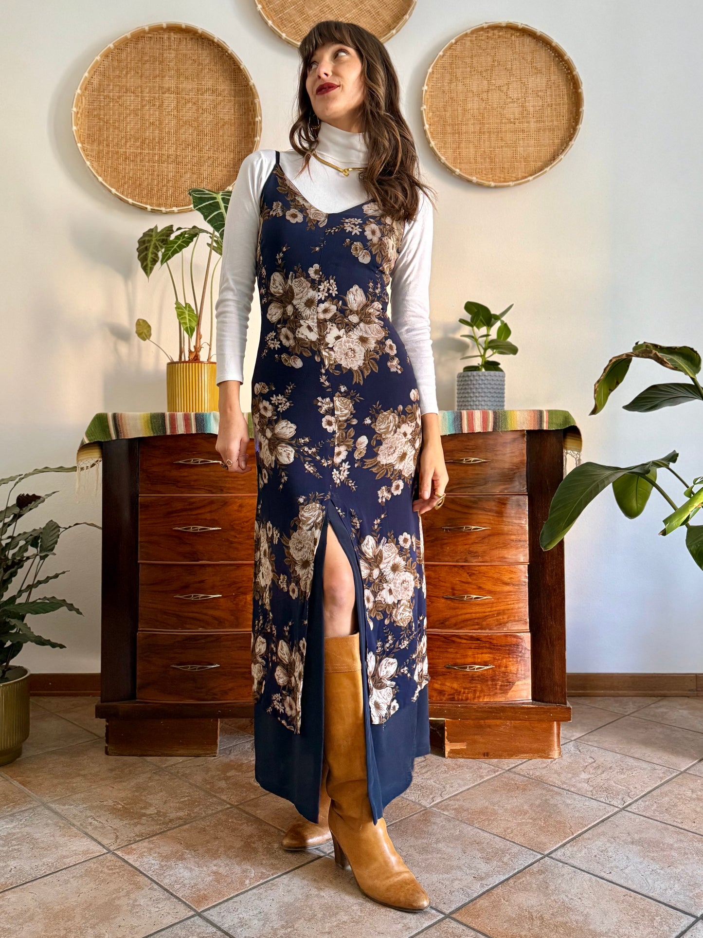 1990's vintage navy blue maxi dress with brown and cream floral print