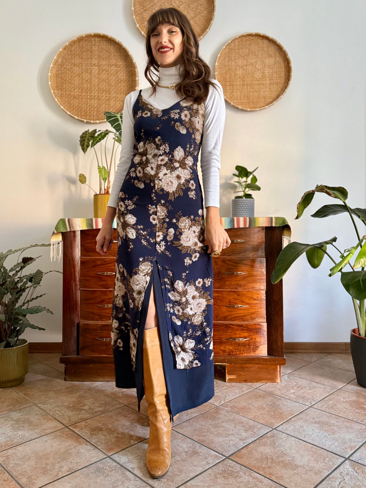 1990's vintage navy blue maxi dress with brown and cream floral print