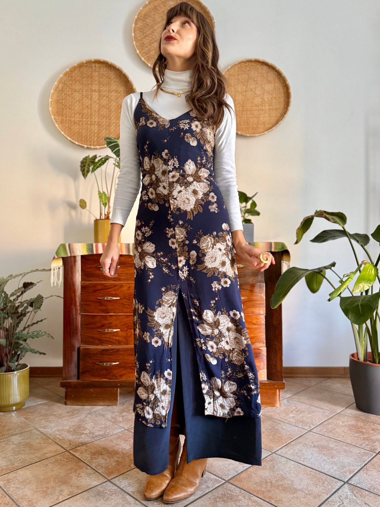 1990's vintage navy blue maxi dress with brown and cream floral print