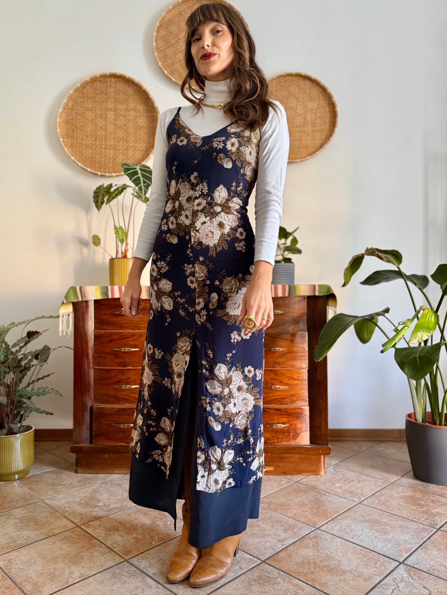1990's vintage navy blue maxi dress with brown and cream floral print