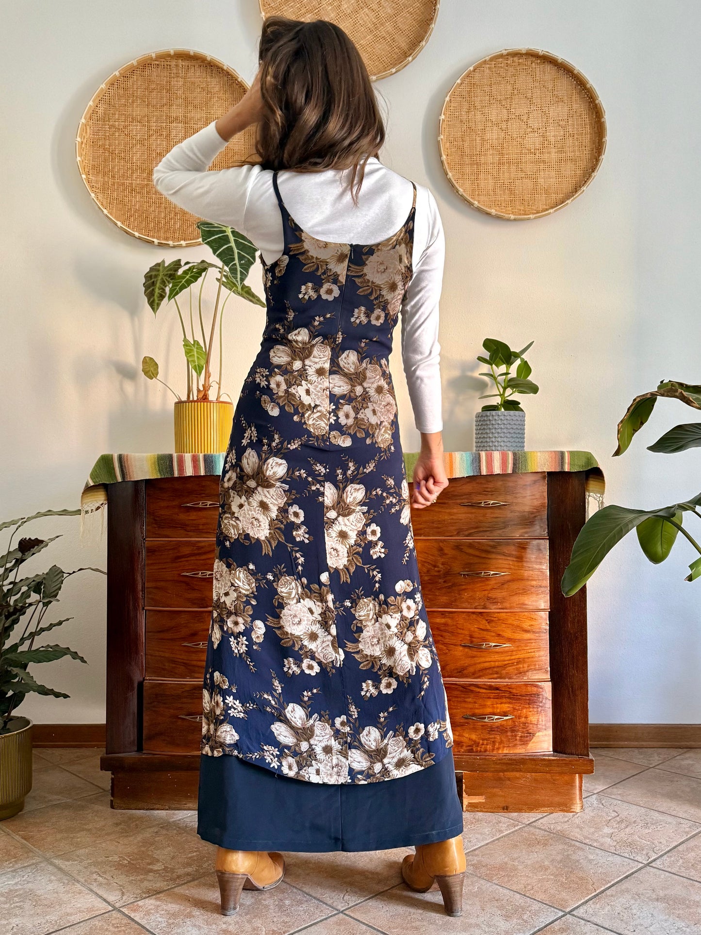 1990's vintage navy blue maxi dress with brown and cream floral print