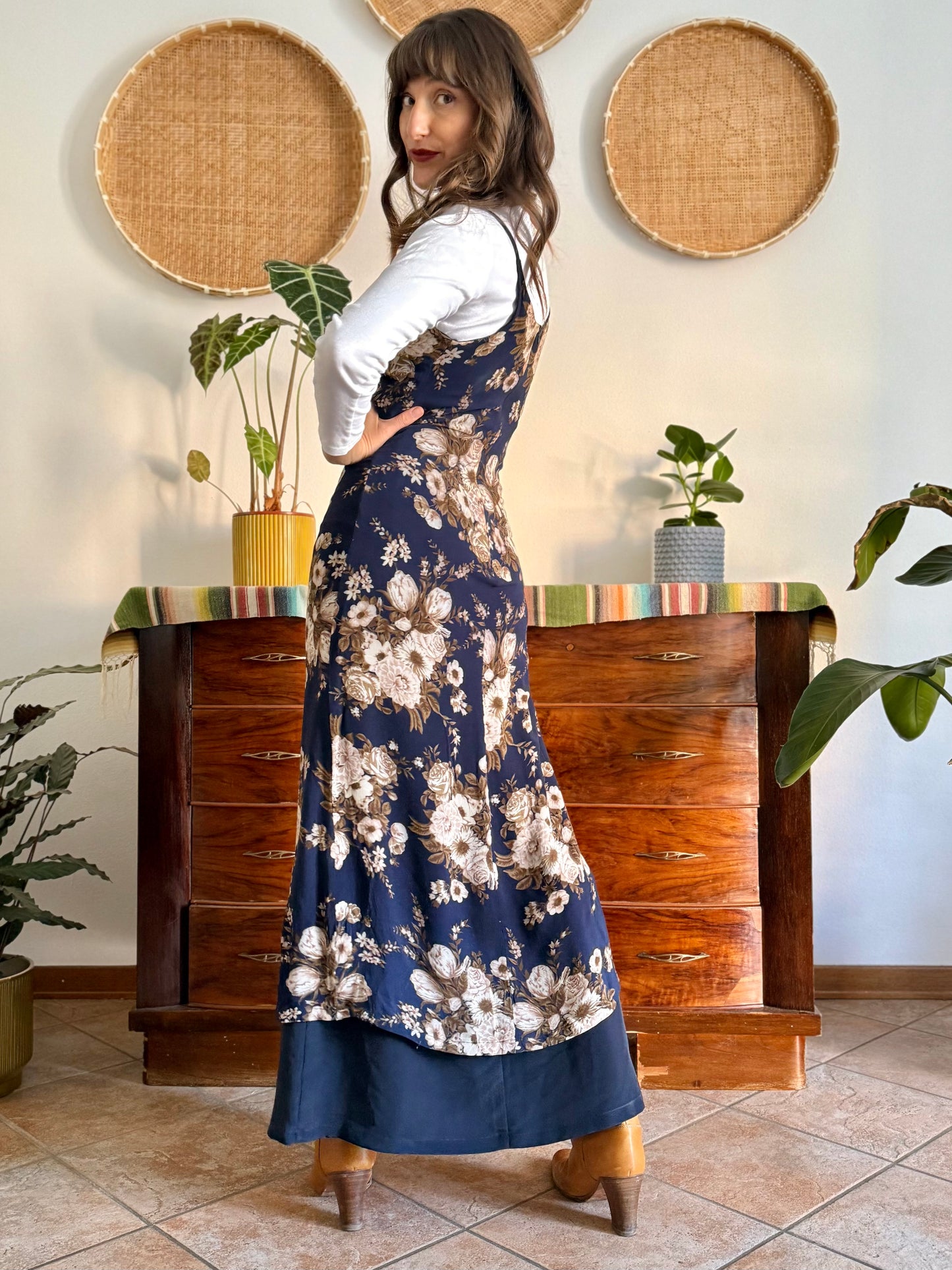 1990's vintage navy blue maxi dress with brown and cream floral print