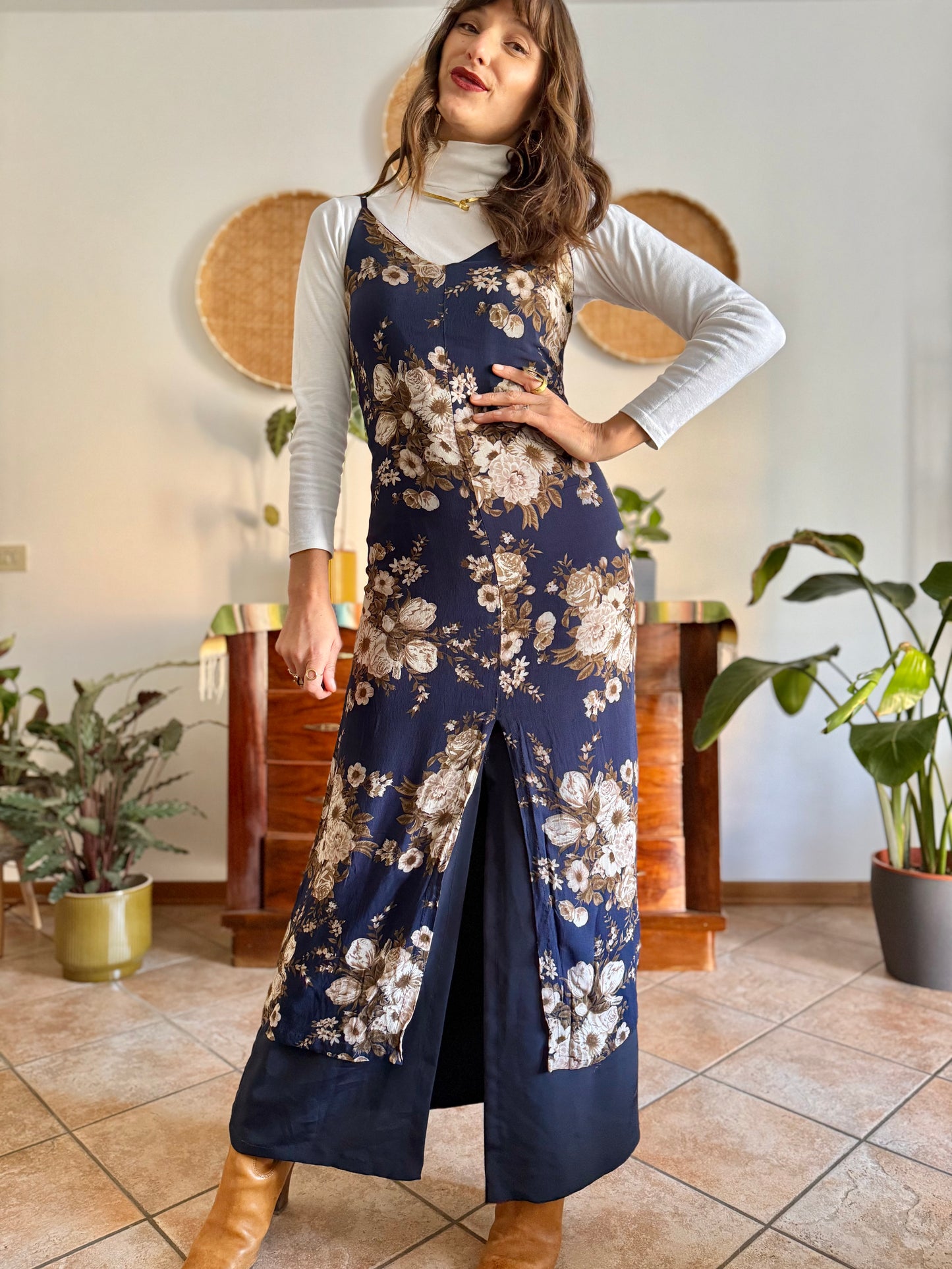 1990's vintage navy blue maxi dress with brown and cream floral print