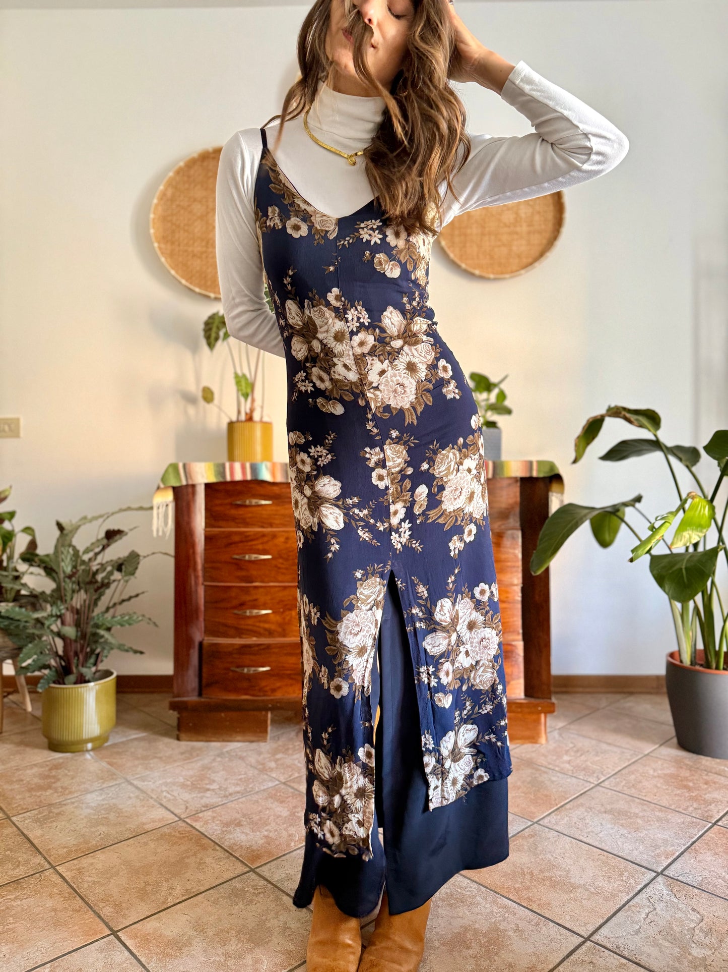 1990's vintage navy blue maxi dress with brown and cream floral print