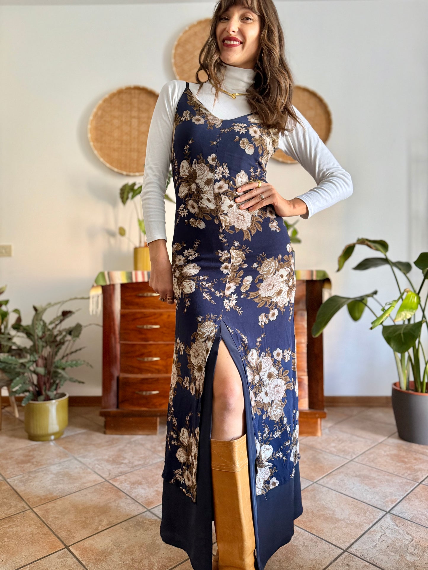 1990's vintage navy blue maxi dress with brown and cream floral print