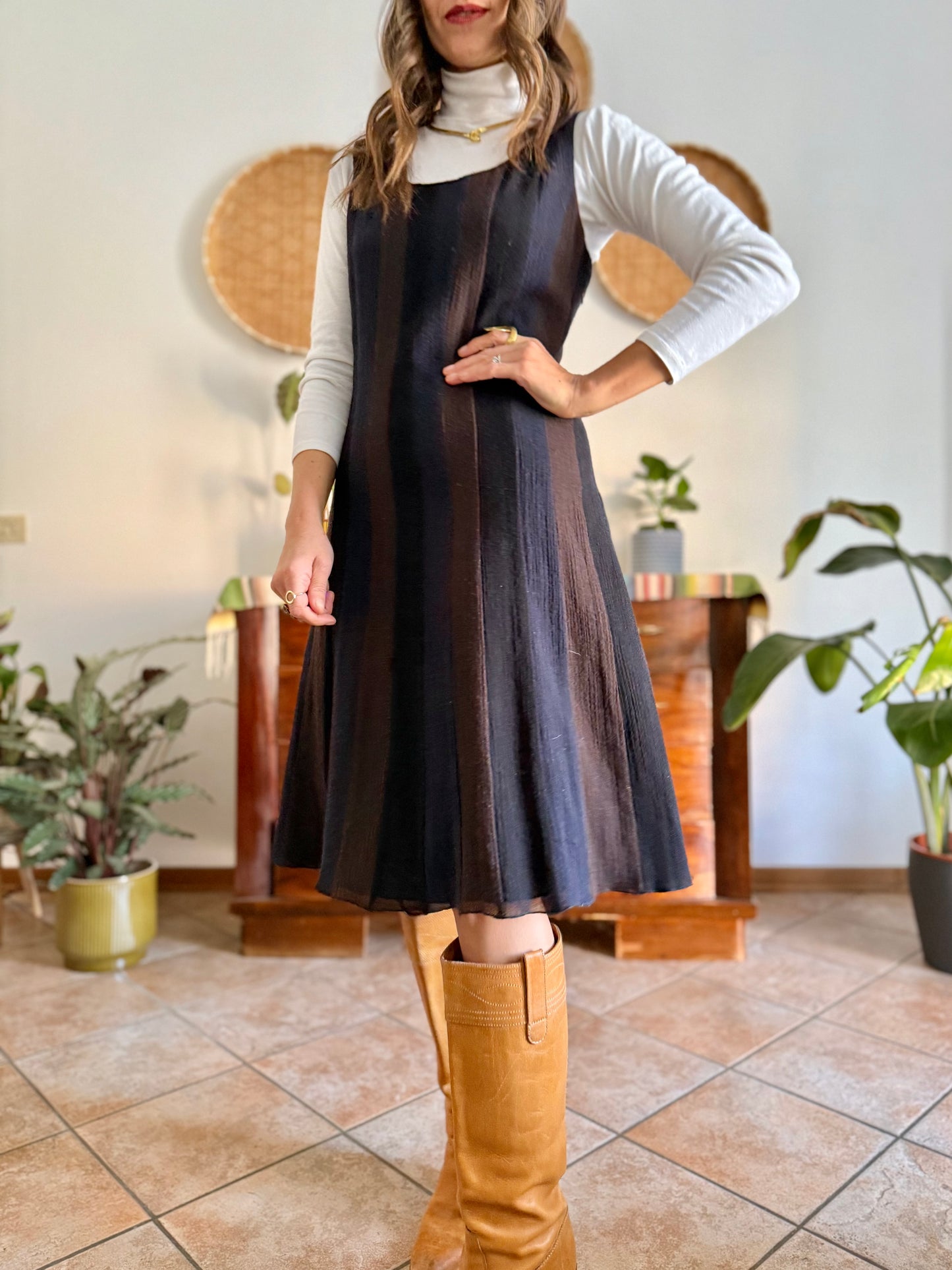 1990's vintage chocolate brown, navy and black stripe wool midi dress