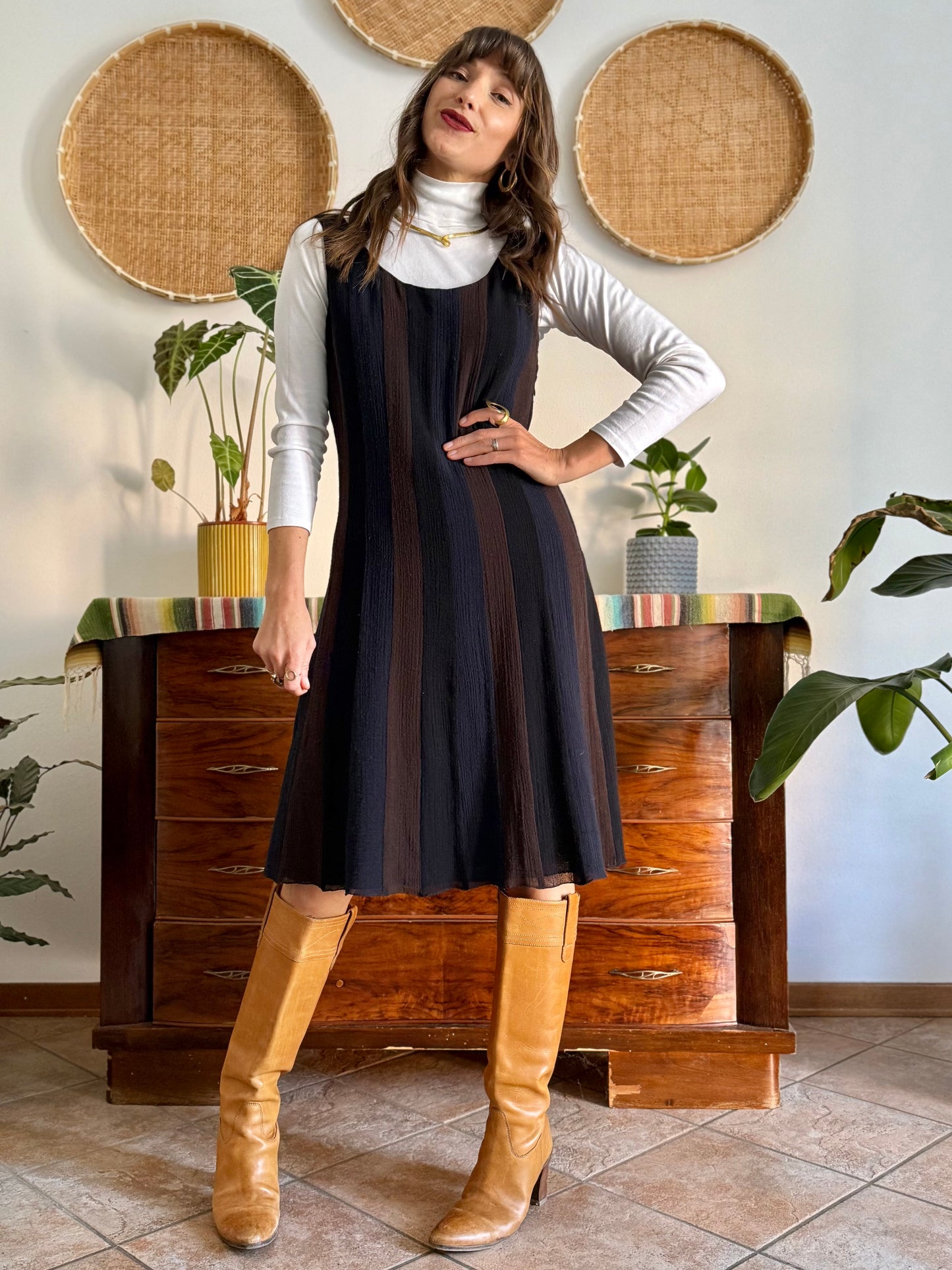 1990's vintage chocolate brown, navy and black stripe wool midi dress