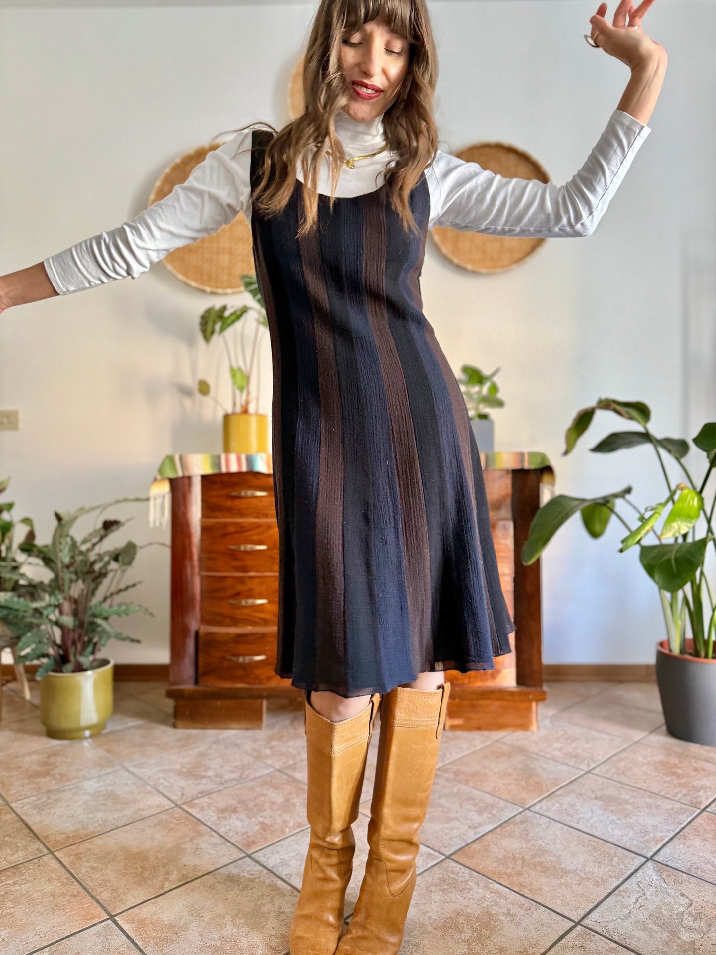 1990's vintage chocolate brown, navy and black stripe wool midi dress