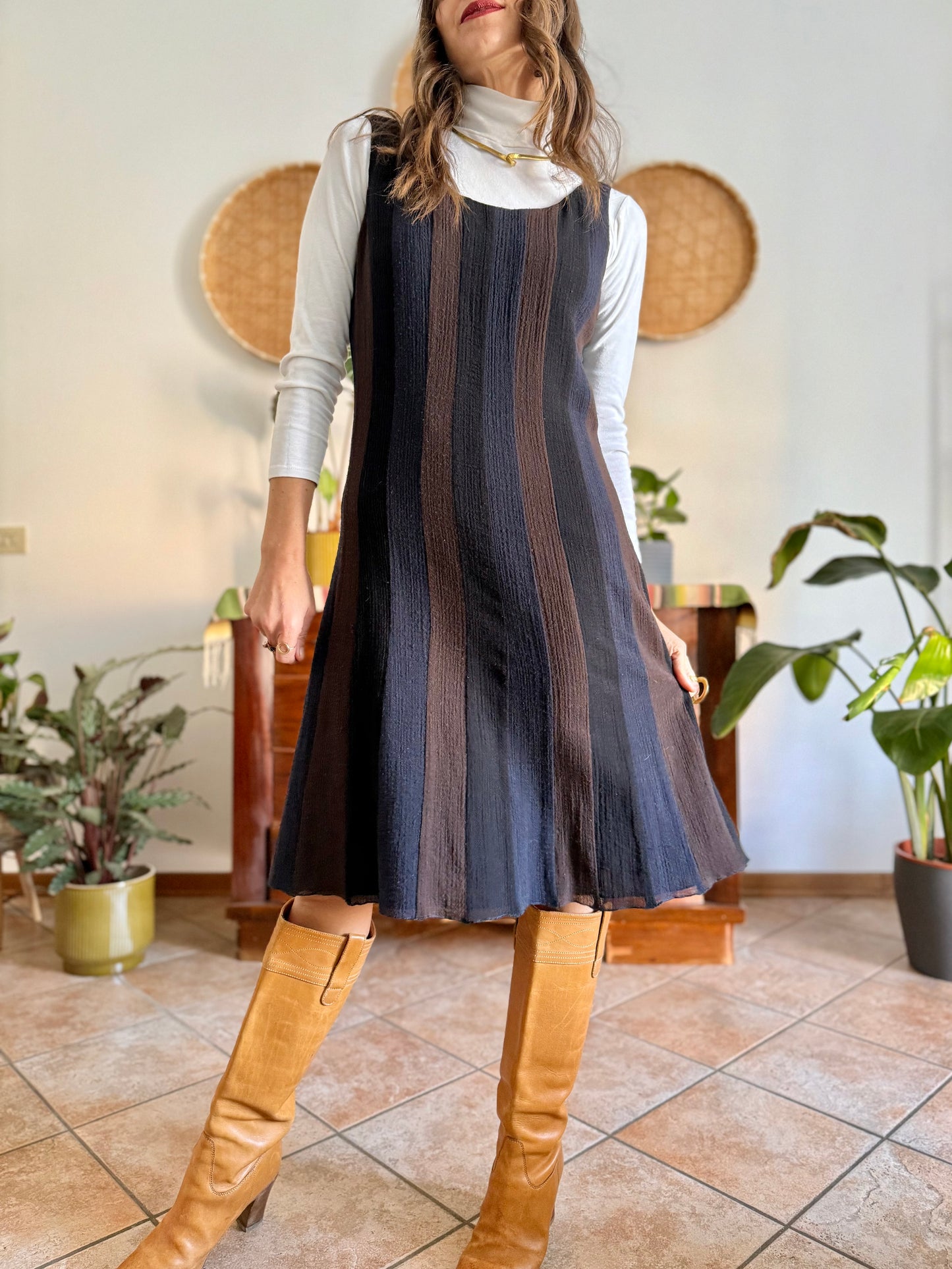 1990's vintage chocolate brown, navy and black stripe wool midi dress