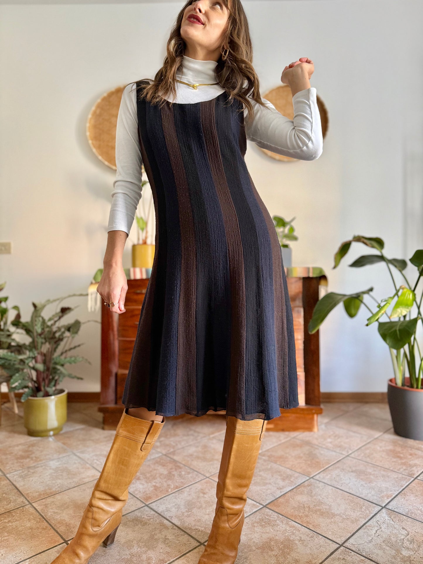 1990's vintage chocolate brown, navy and black stripe wool midi dress