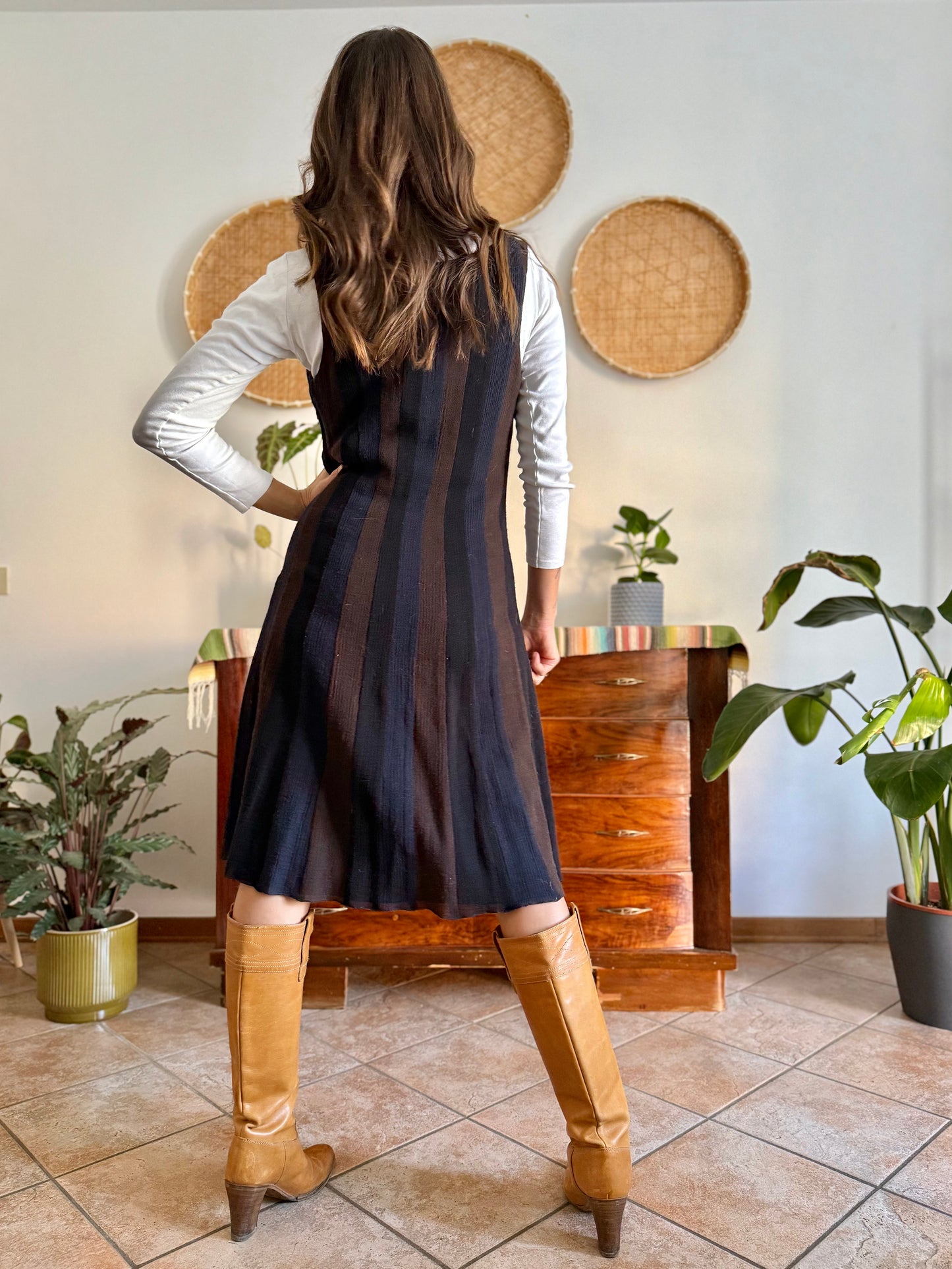 1990's vintage chocolate brown, navy and black stripe wool midi dress