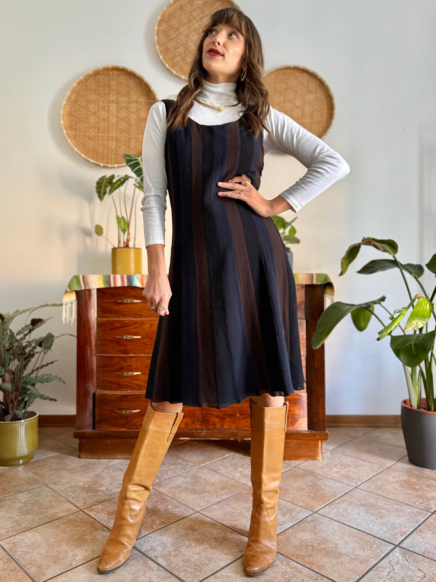 1990's vintage chocolate brown, navy and black stripe wool midi dress