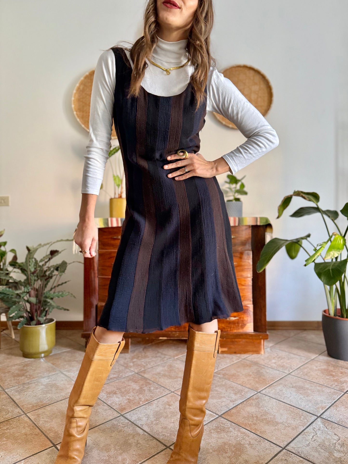 1990's vintage chocolate brown, navy and black stripe wool midi dress