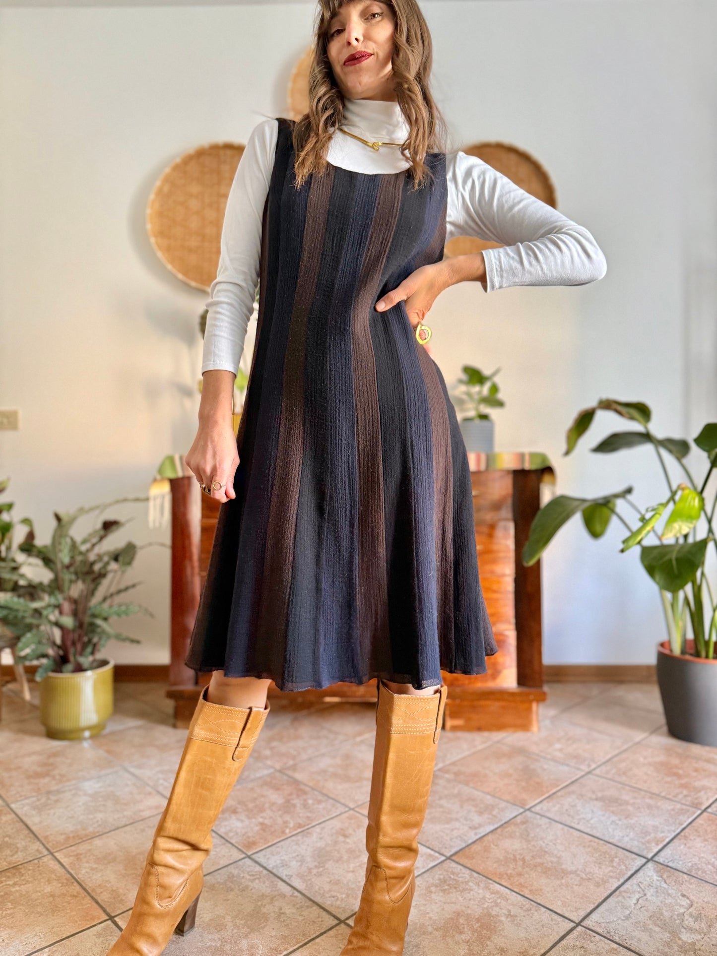 1990's vintage chocolate brown, navy and black stripe wool midi dress