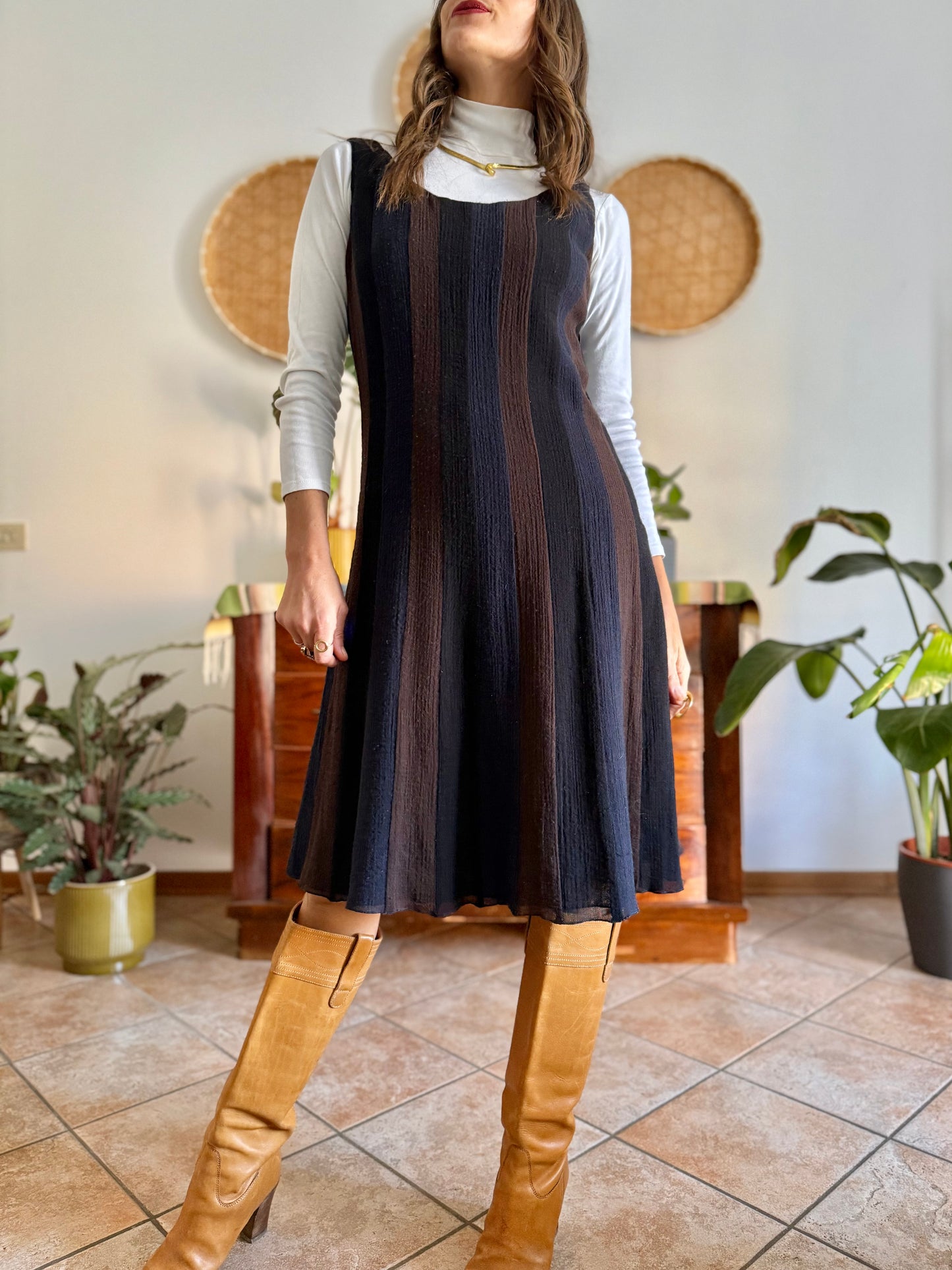 1990's vintage chocolate brown, navy and black stripe wool midi dress