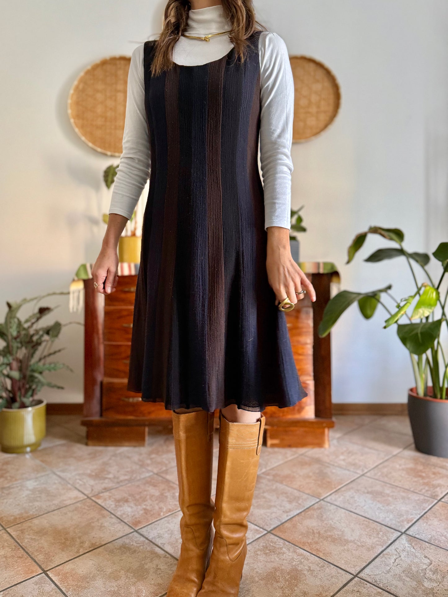 1990's vintage chocolate brown, navy and black stripe wool midi dress