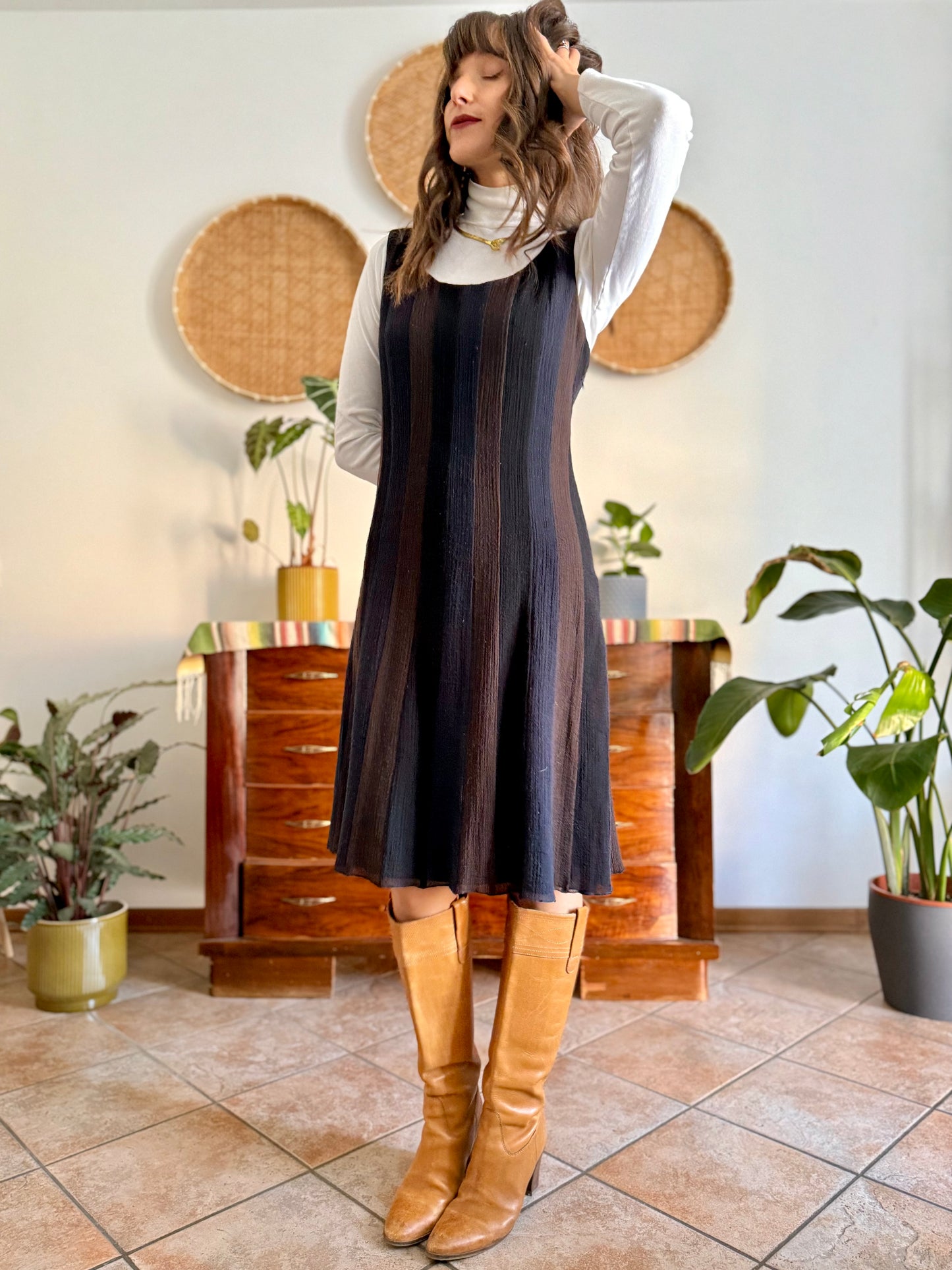 1990's vintage chocolate brown, navy and black stripe wool midi dress
