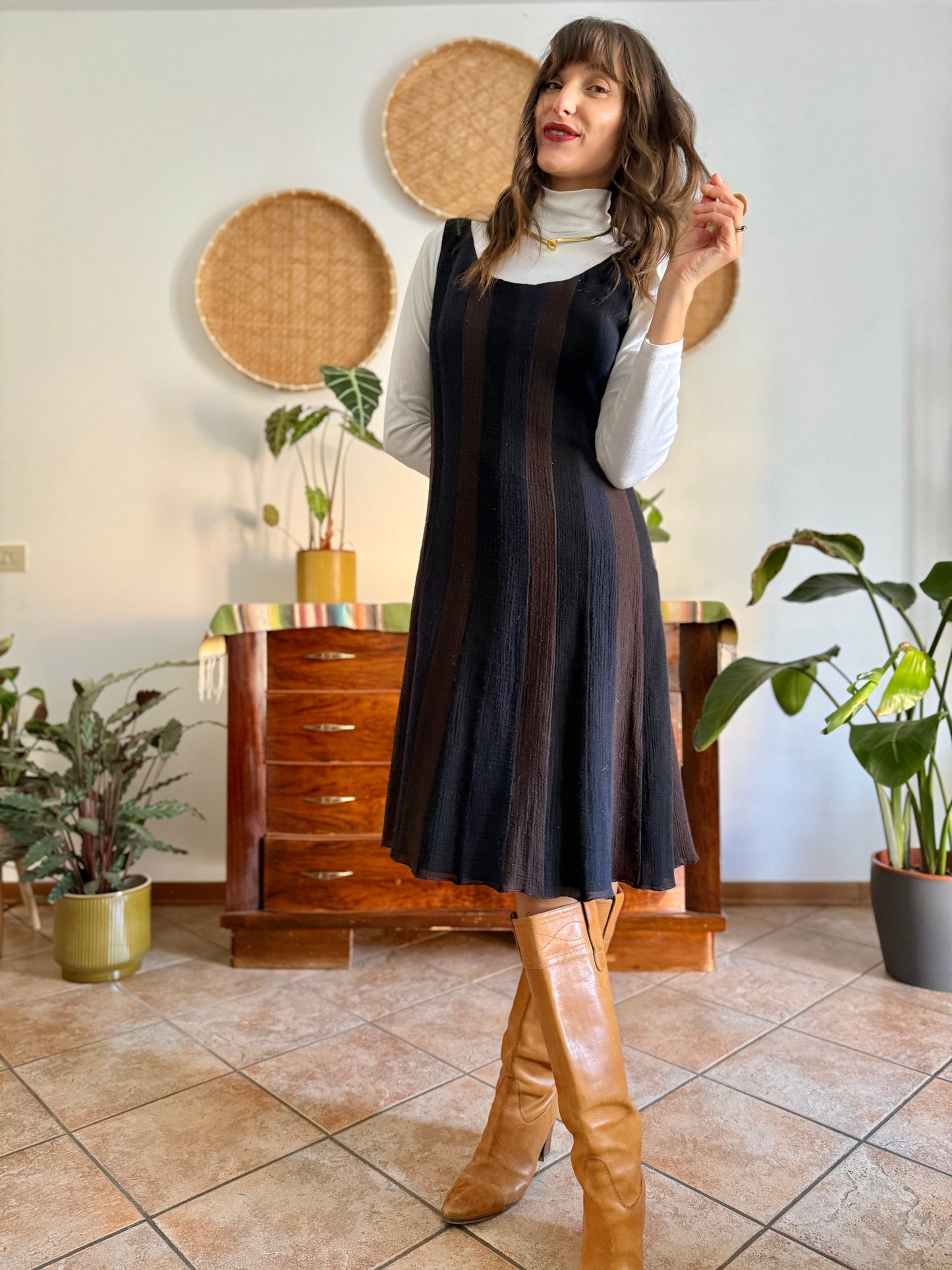 1990's vintage chocolate brown, navy and black stripe wool midi dress