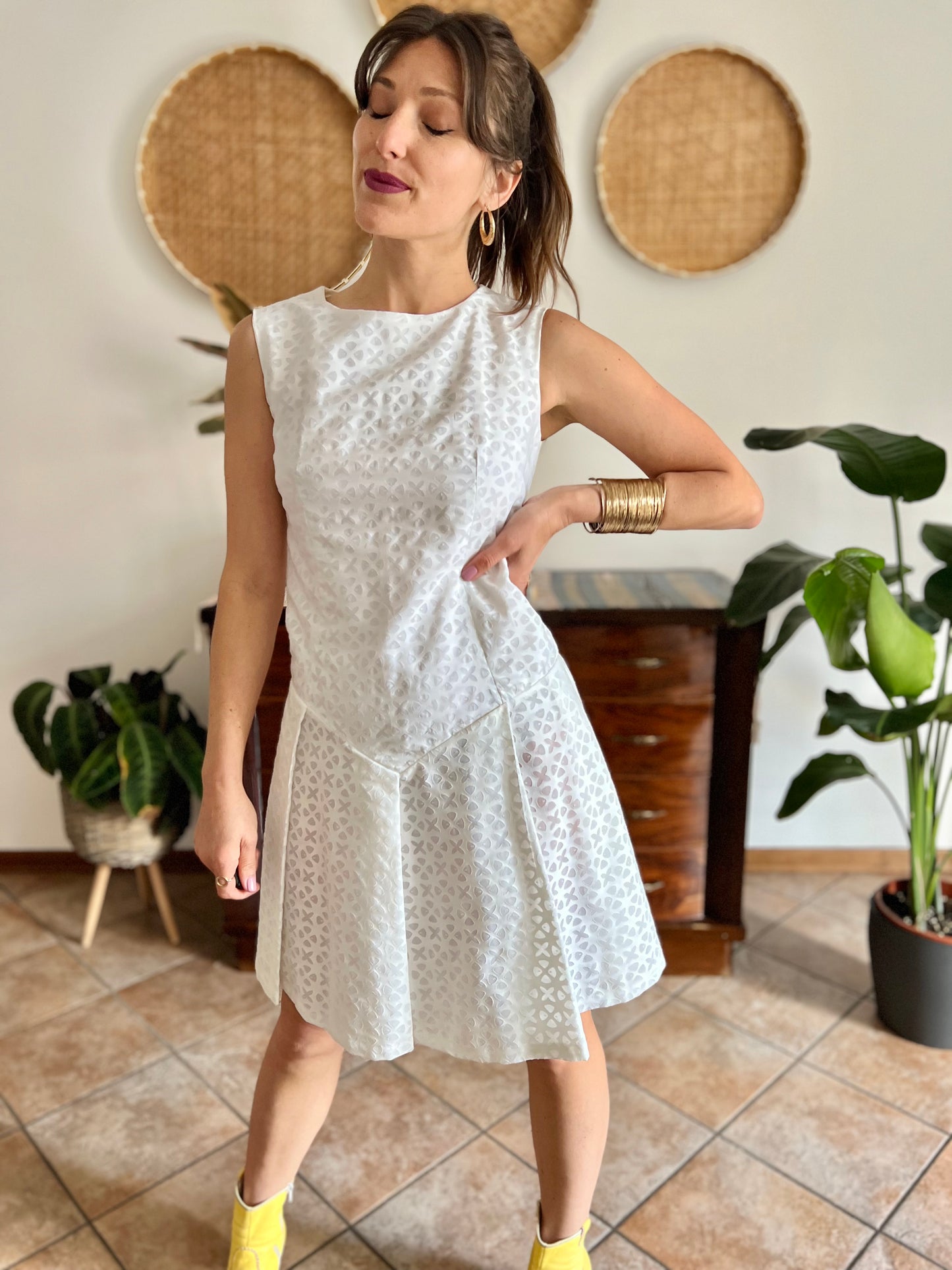 1970's vintage dead stock white semi sheer geometric deign pleated drop waist midi dress