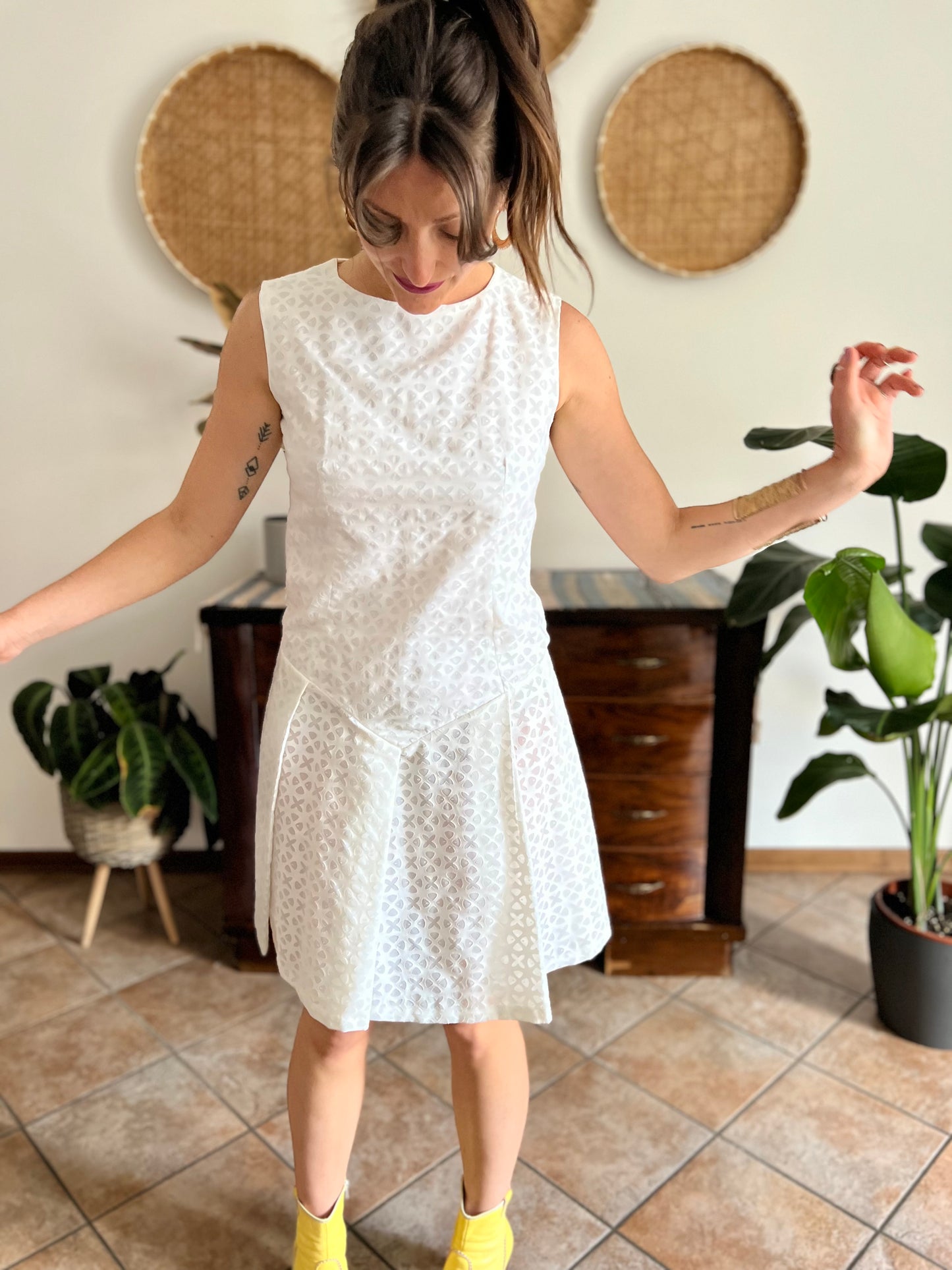 1970's vintage dead stock white semi sheer geometric deign pleated drop waist midi dress