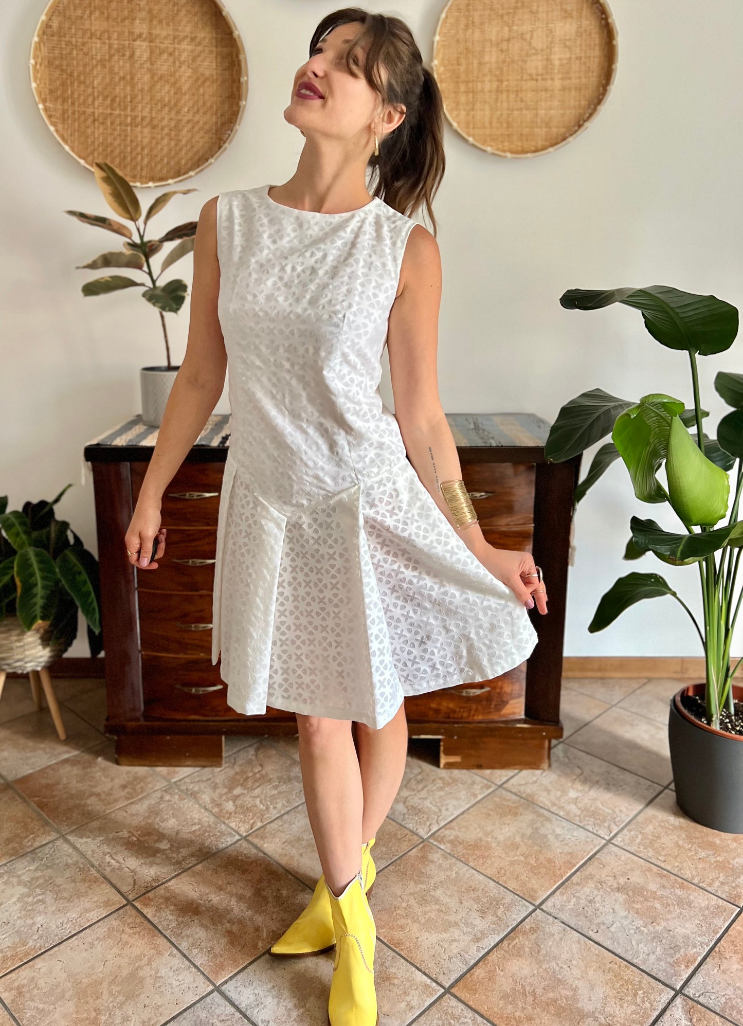 1970's vintage dead stock white semi sheer geometric deign pleated drop waist midi dress