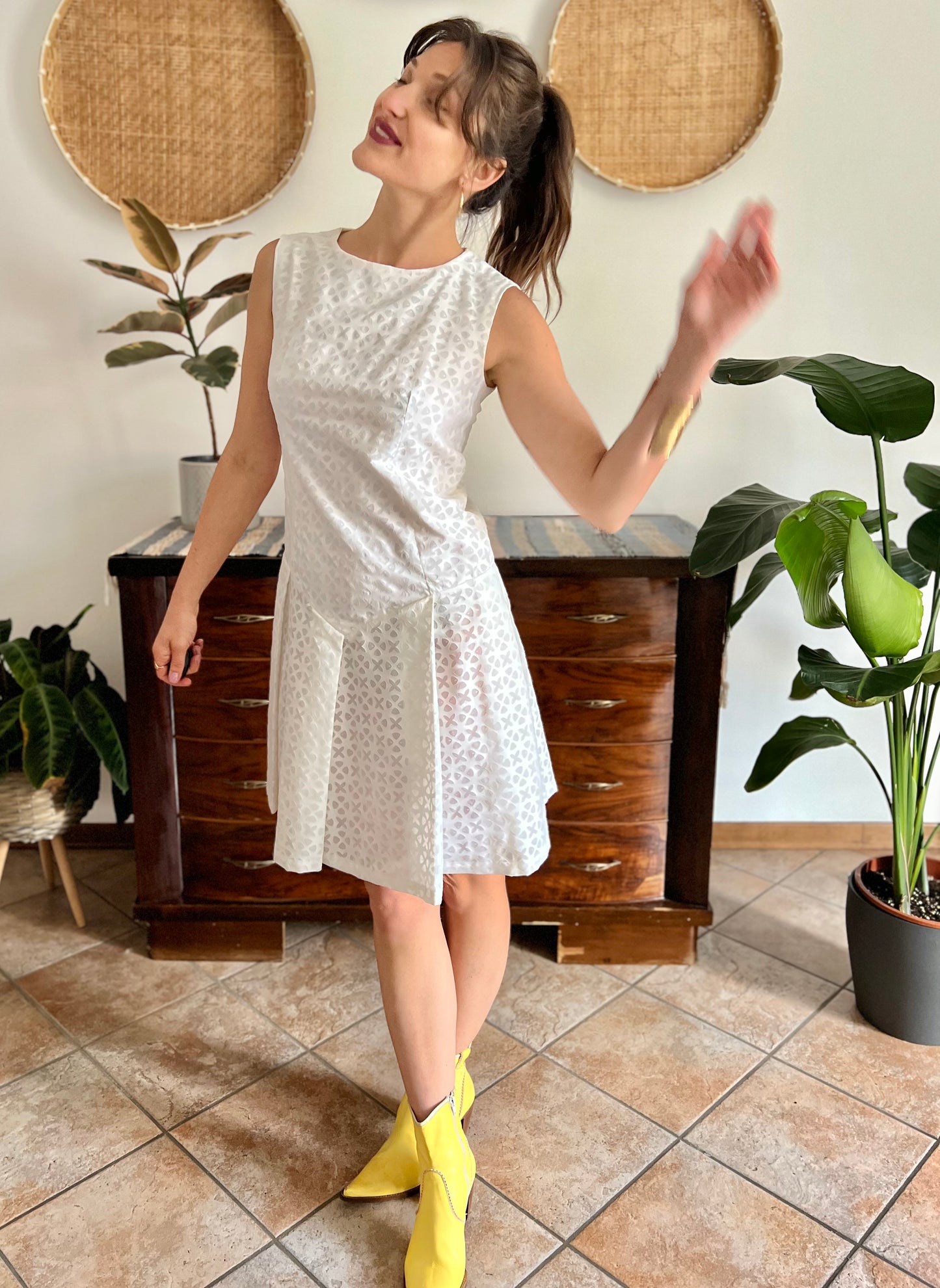 1970's vintage dead stock white semi sheer geometric deign pleated drop waist midi dress