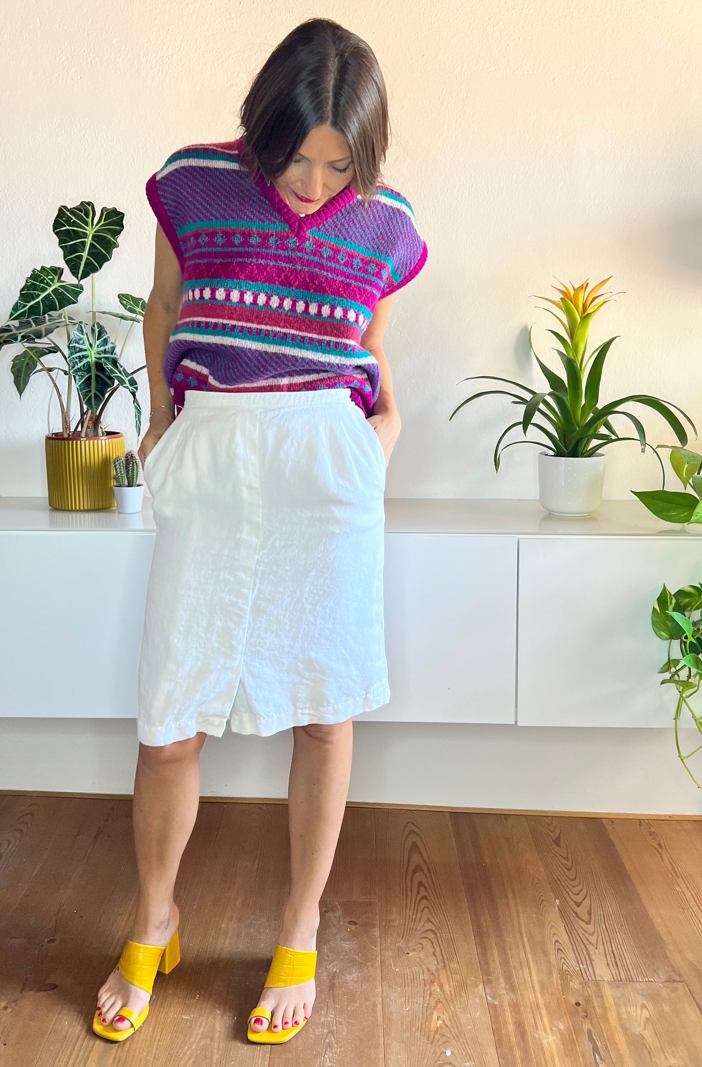 Gonna a tubino in lino bianco vintage anni '70