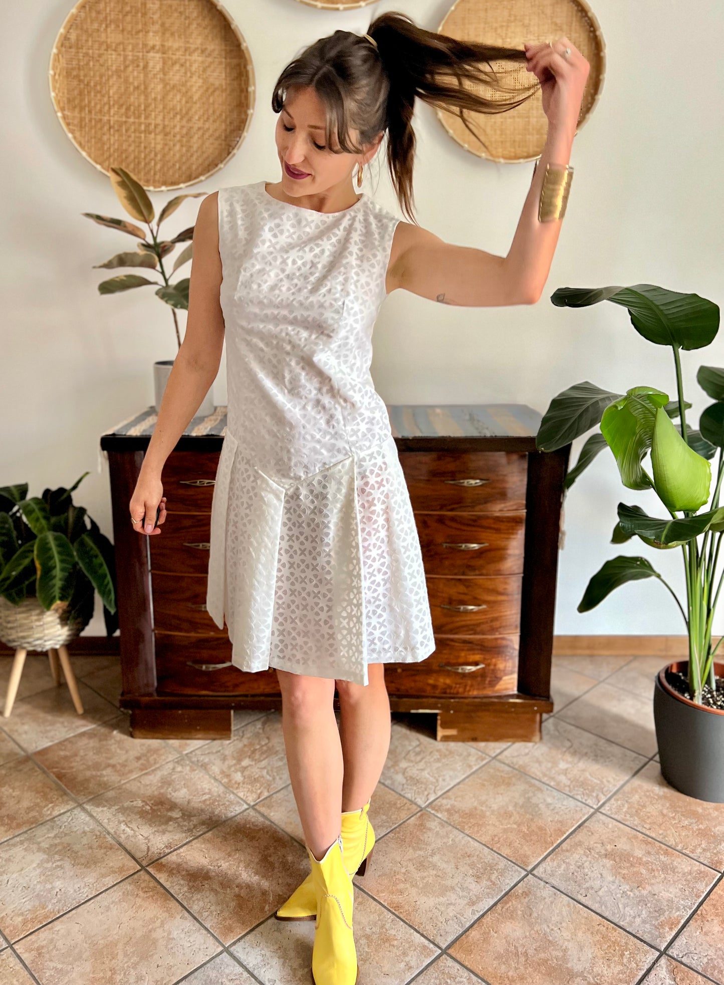 1970's vintage dead stock white semi sheer geometric deign pleated drop waist midi dress