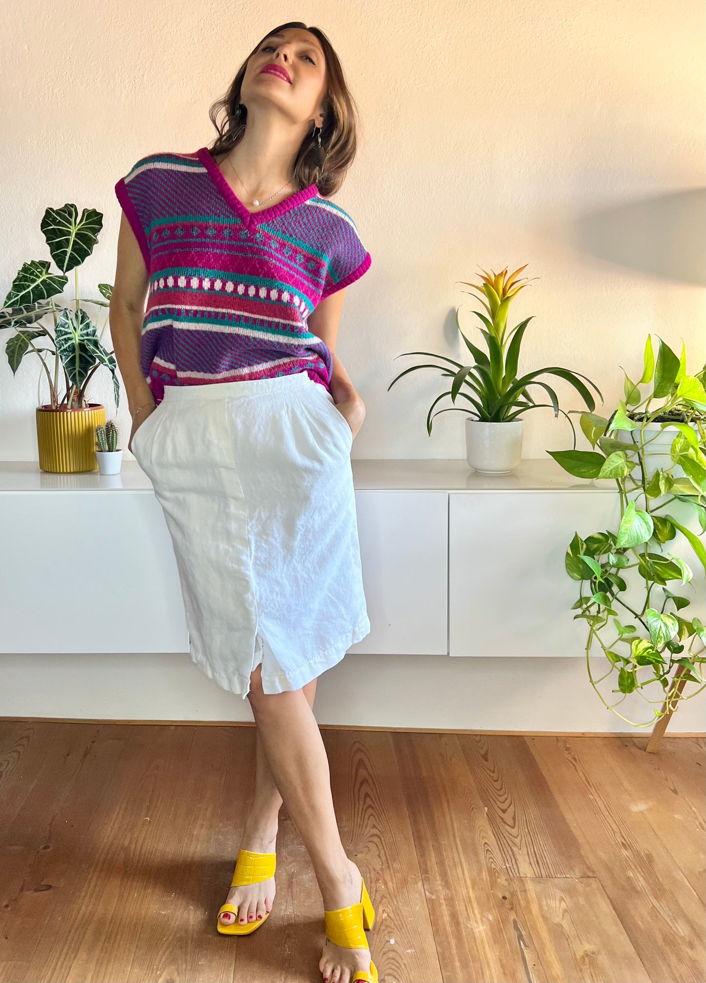 Gonna a tubino in lino bianco vintage anni '70