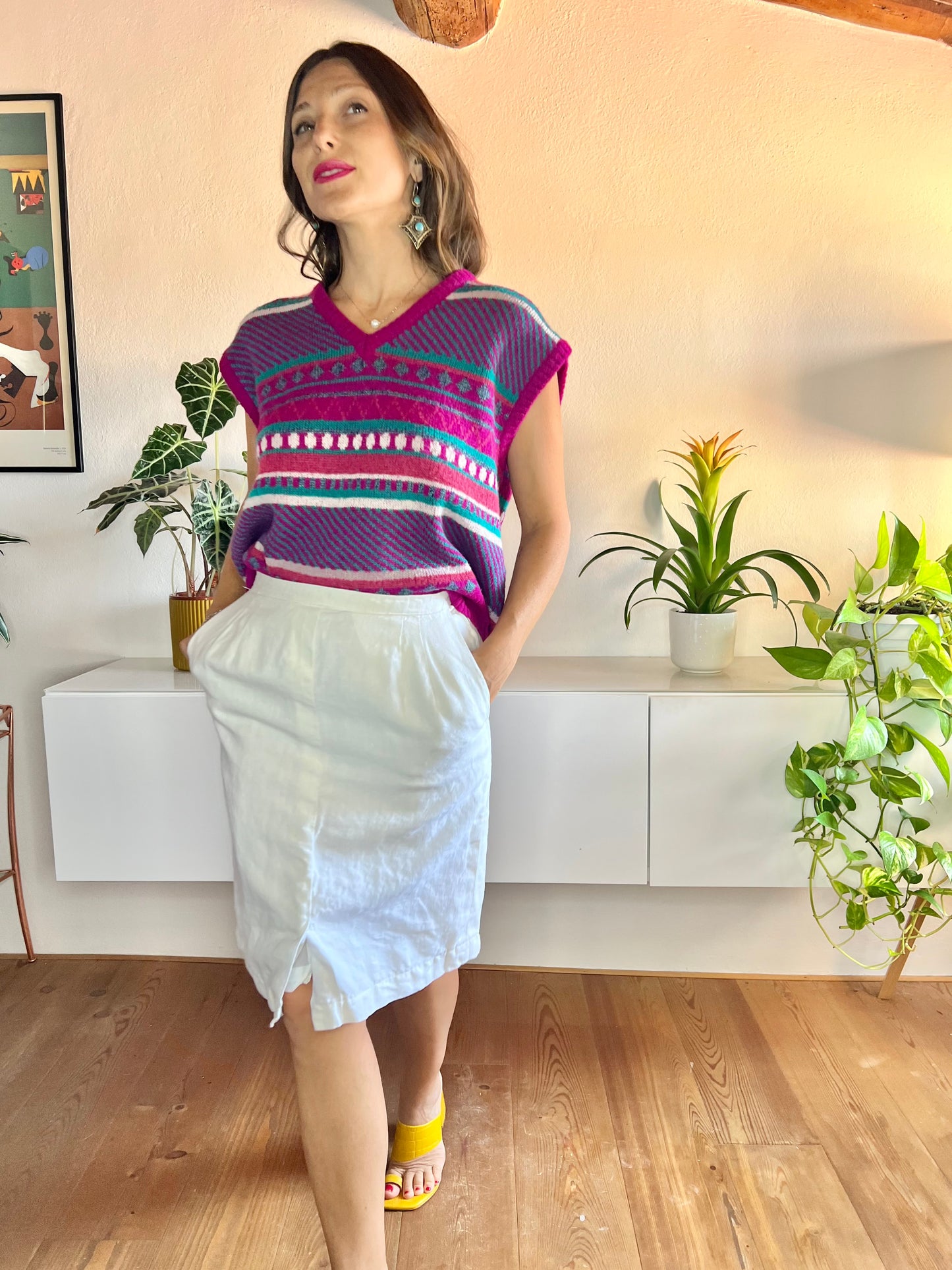 Gonna a tubino in lino bianco vintage anni '70