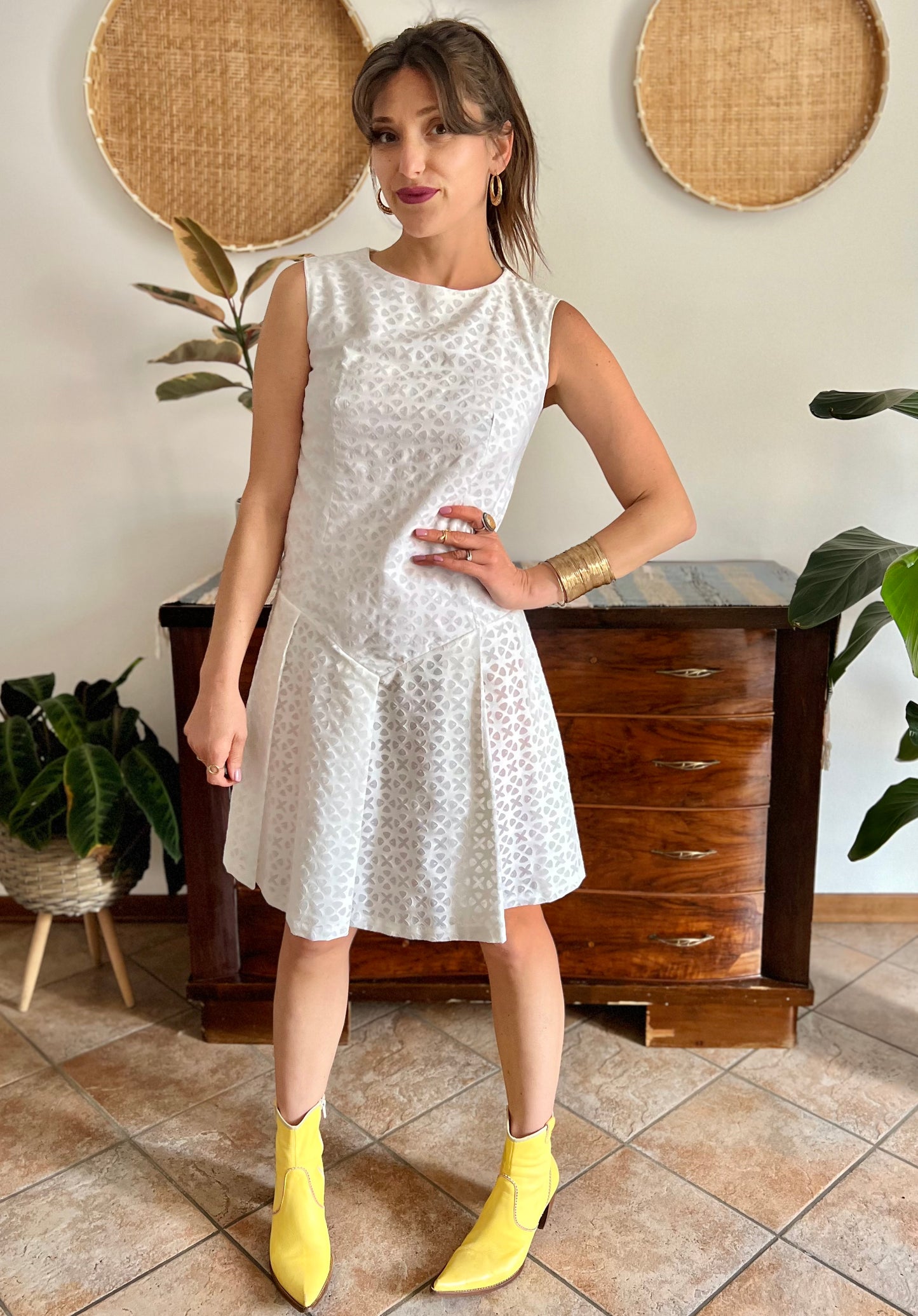 1970's vintage dead stock white semi sheer geometric deign pleated drop waist midi dress
