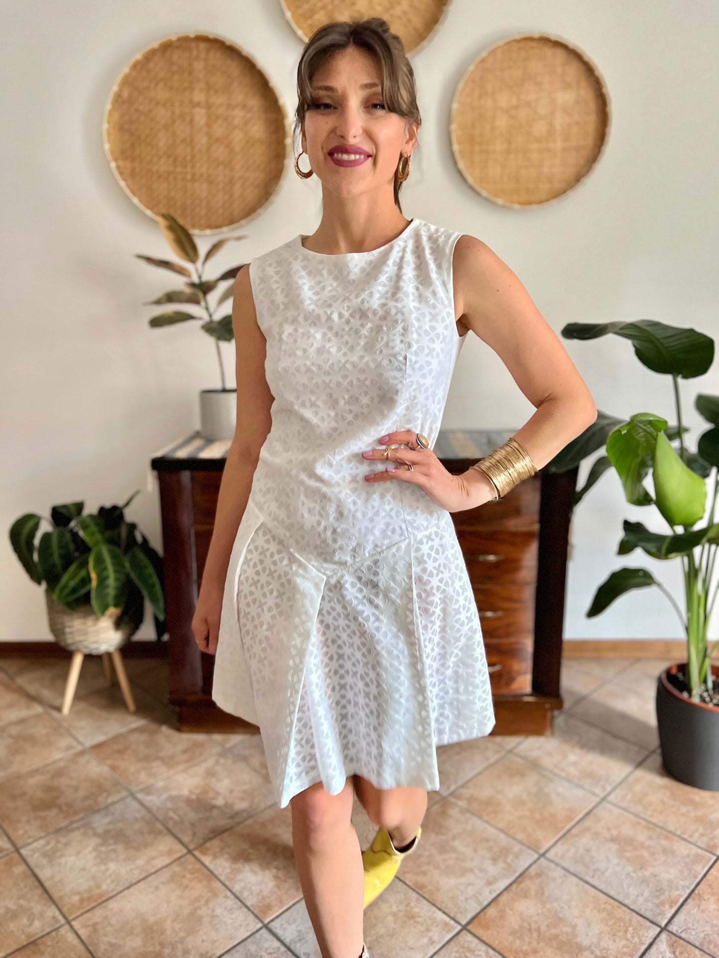 1970's vintage dead stock white semi sheer geometric deign pleated drop waist midi dress