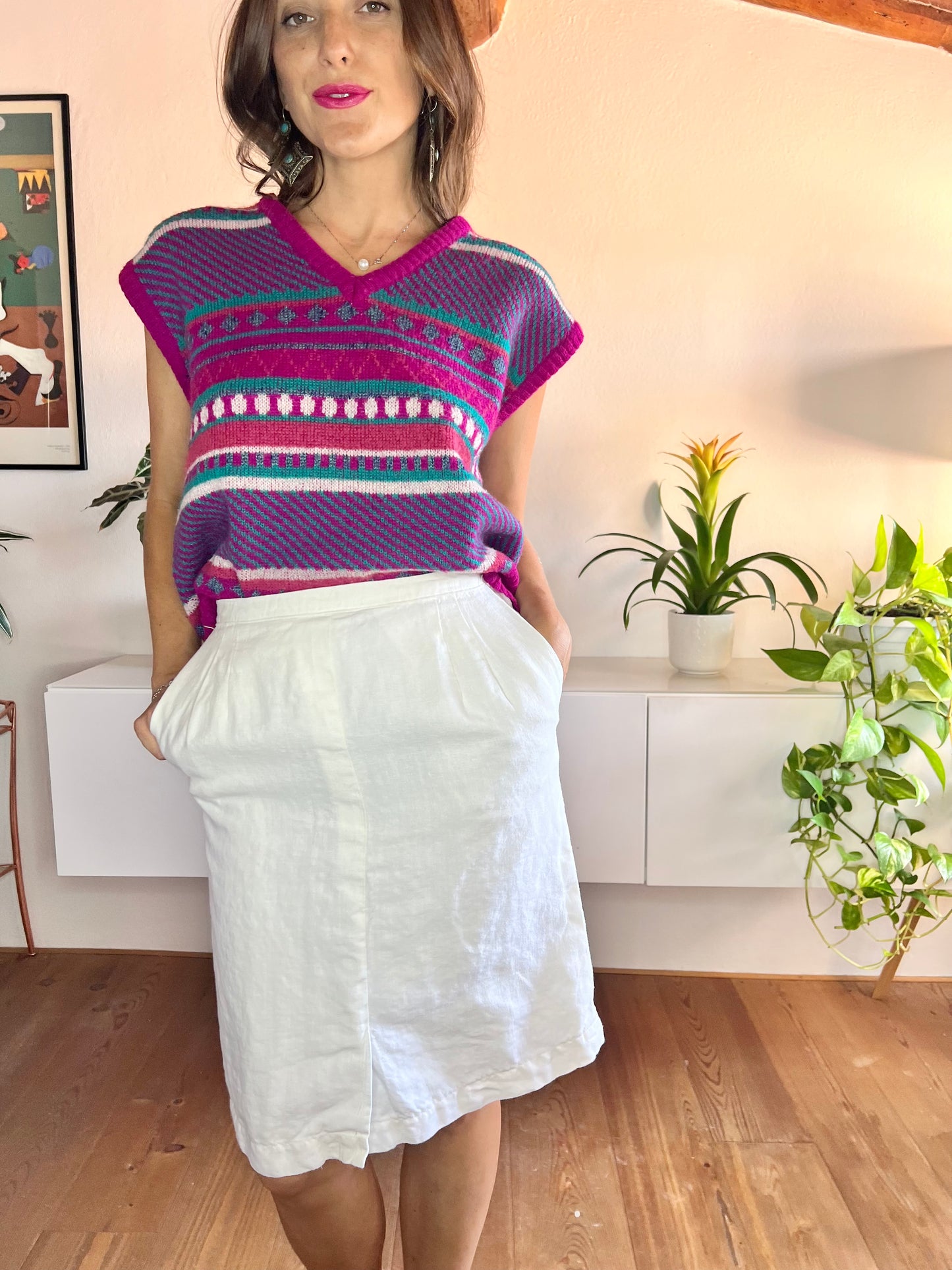 Gonna a tubino in lino bianco vintage anni '70