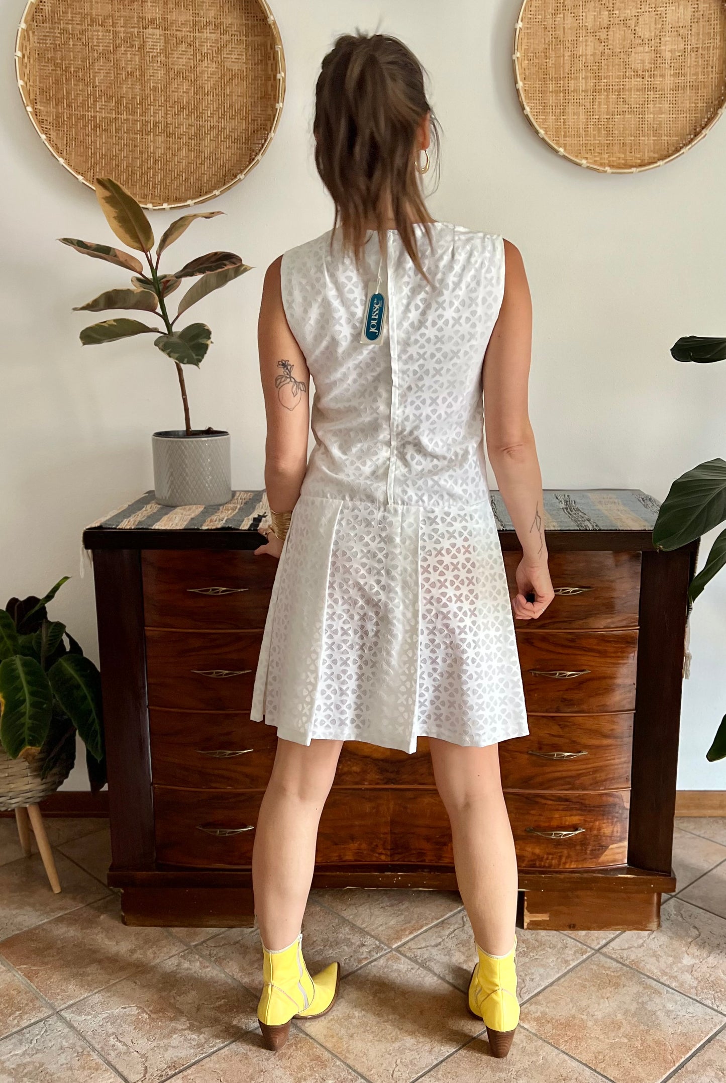 1970's vintage dead stock white semi sheer geometric deign pleated drop waist midi dress