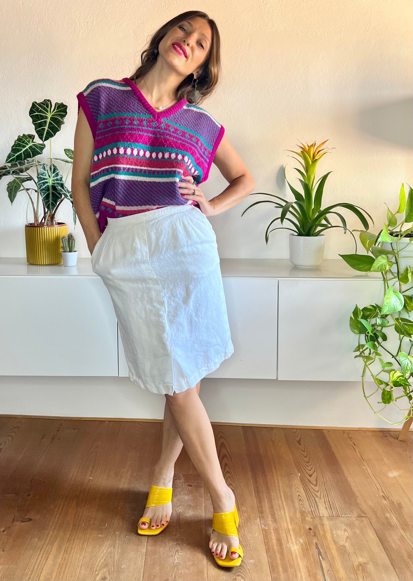 Gonna a tubino in lino bianco vintage anni '70