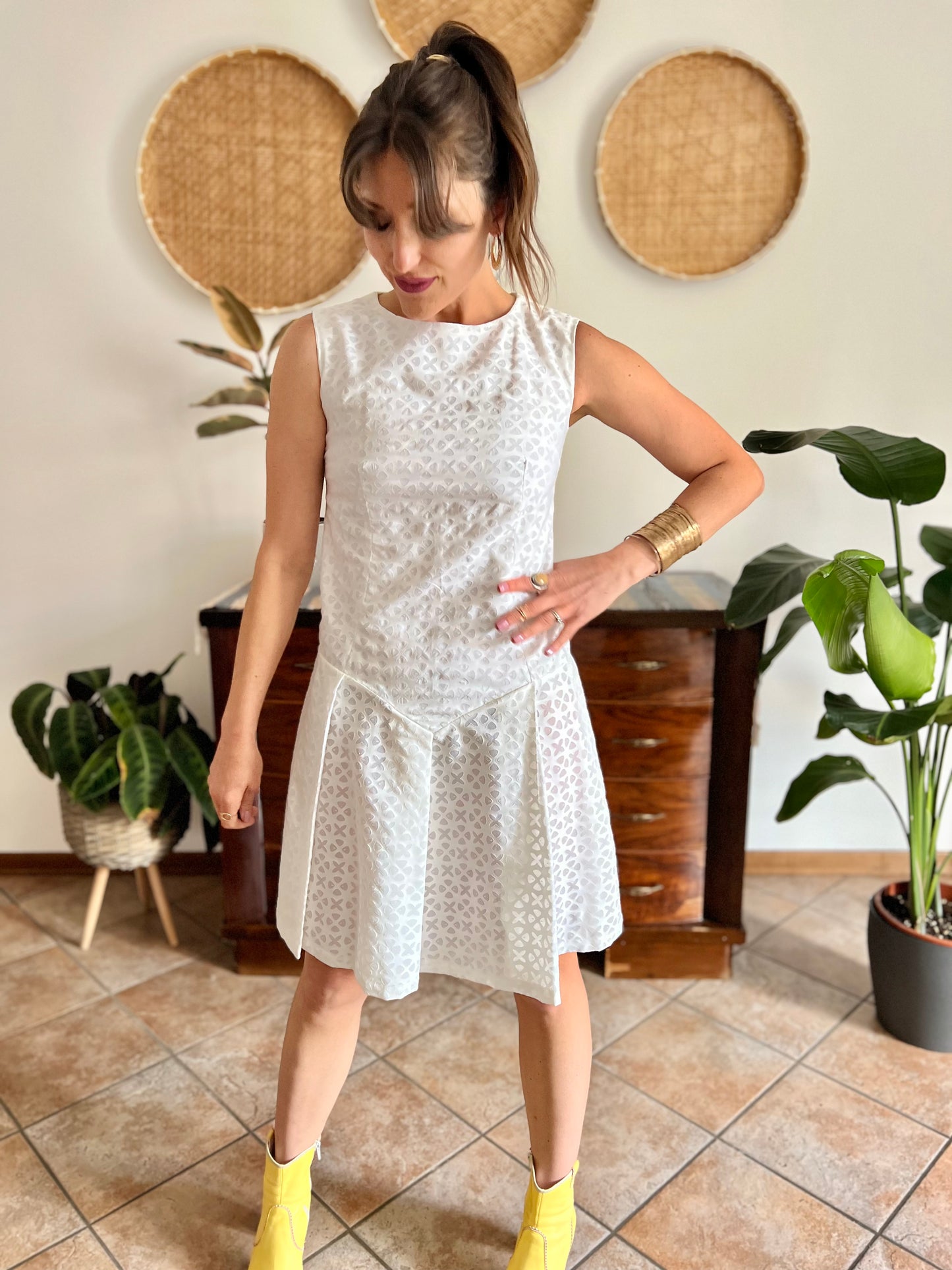 1970's vintage dead stock white semi sheer geometric deign pleated drop waist midi dress