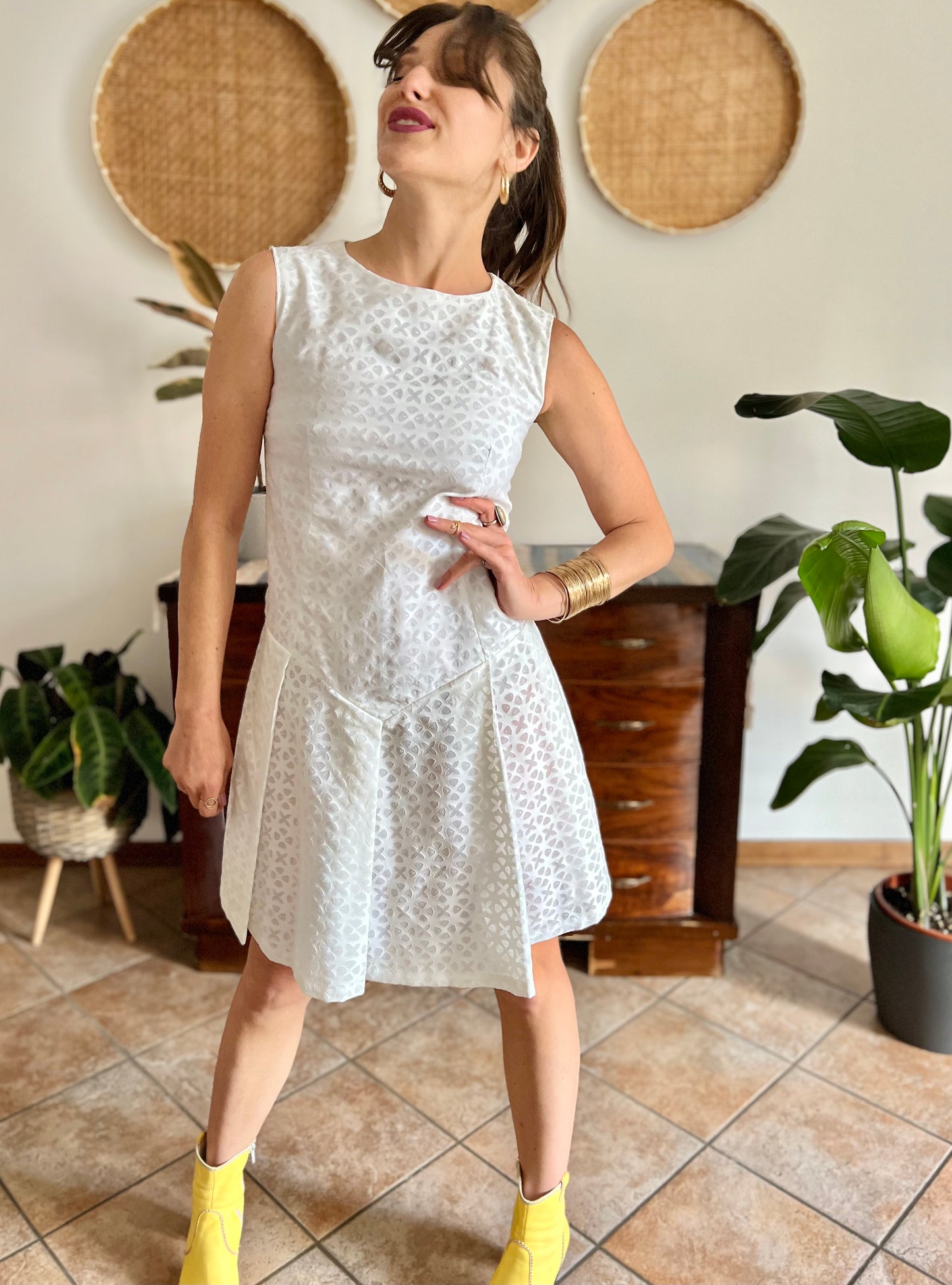 1970's vintage dead stock white semi sheer geometric deign pleated drop waist midi dress
