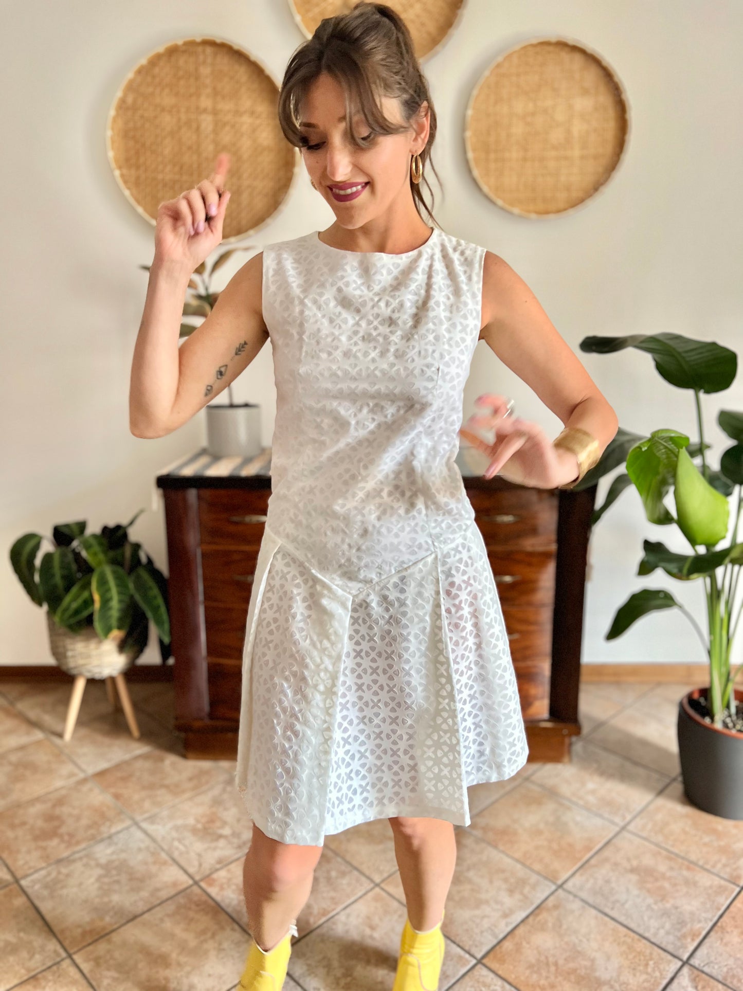 1970's vintage dead stock white semi sheer geometric deign pleated drop waist midi dress