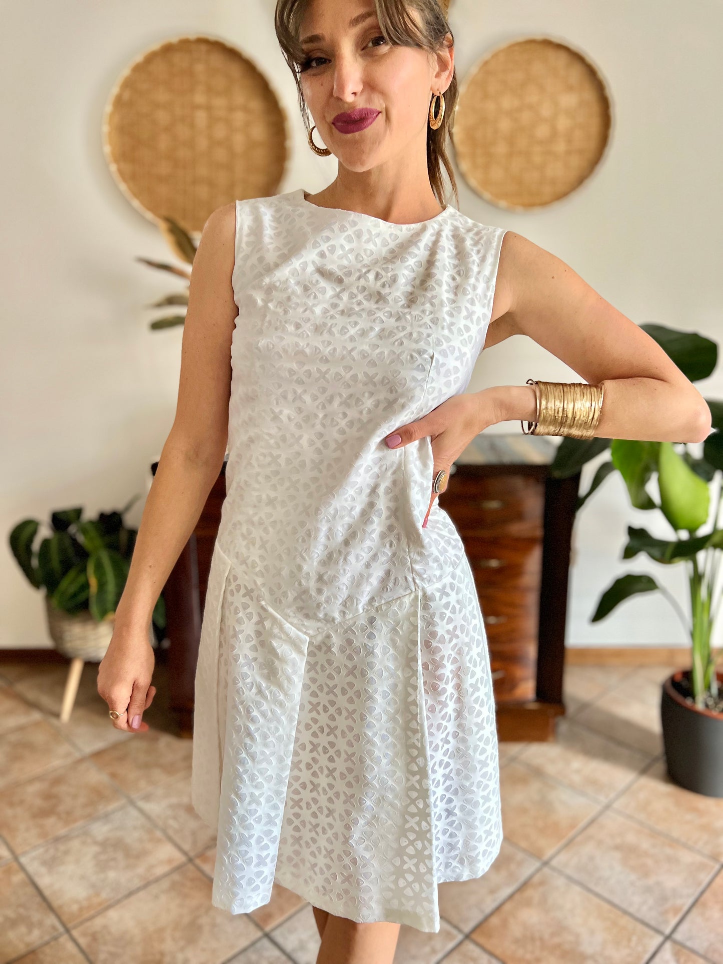 1970's vintage dead stock white semi sheer geometric deign pleated drop waist midi dress