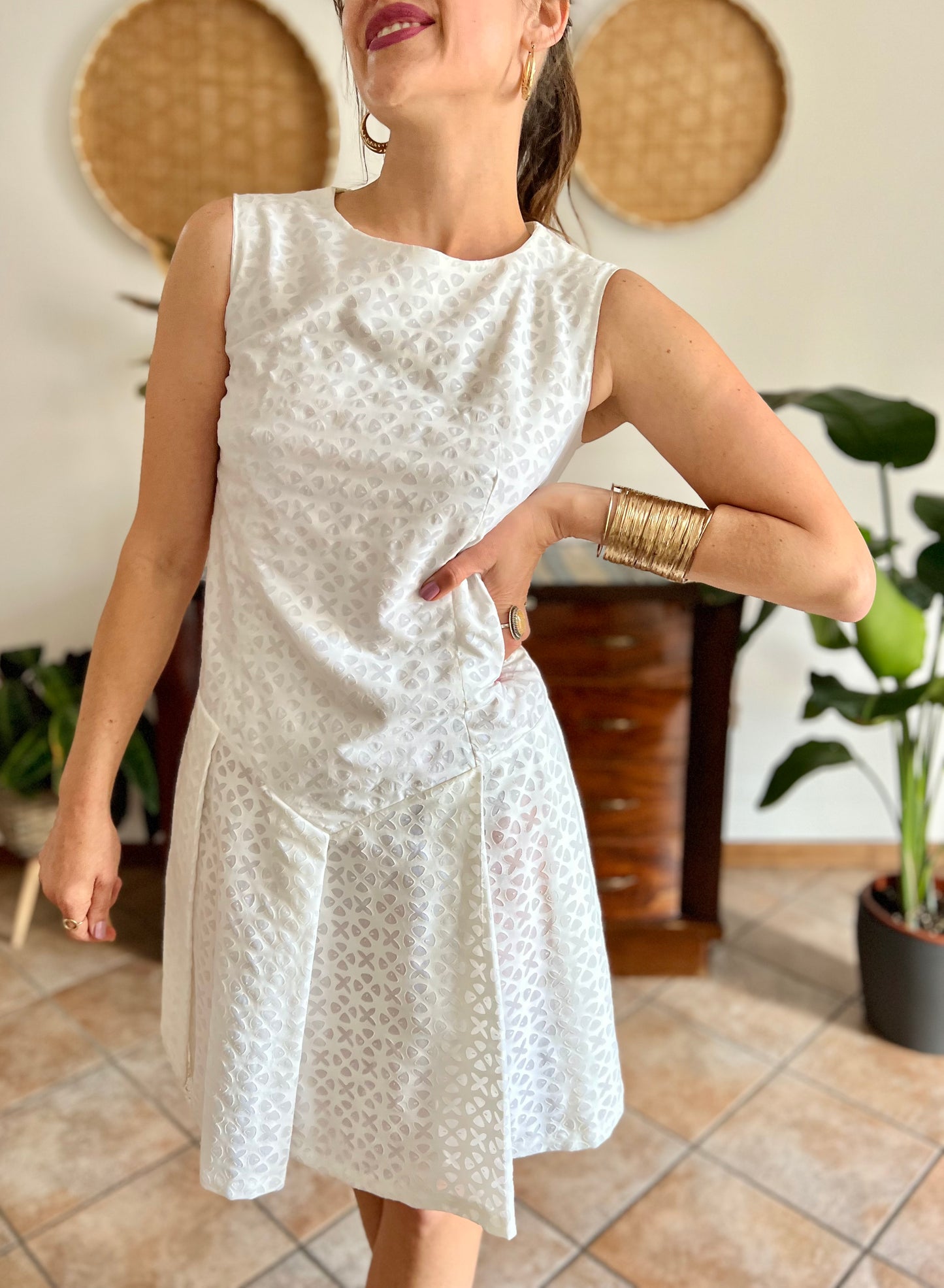 1970's vintage dead stock white semi sheer geometric deign pleated drop waist midi dress
