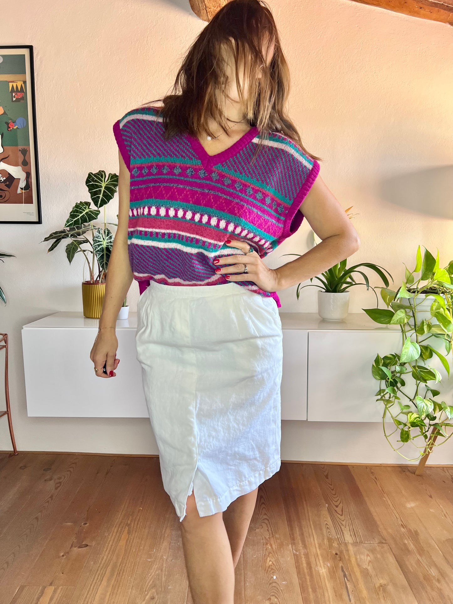 Gonna a tubino in lino bianco vintage anni '70