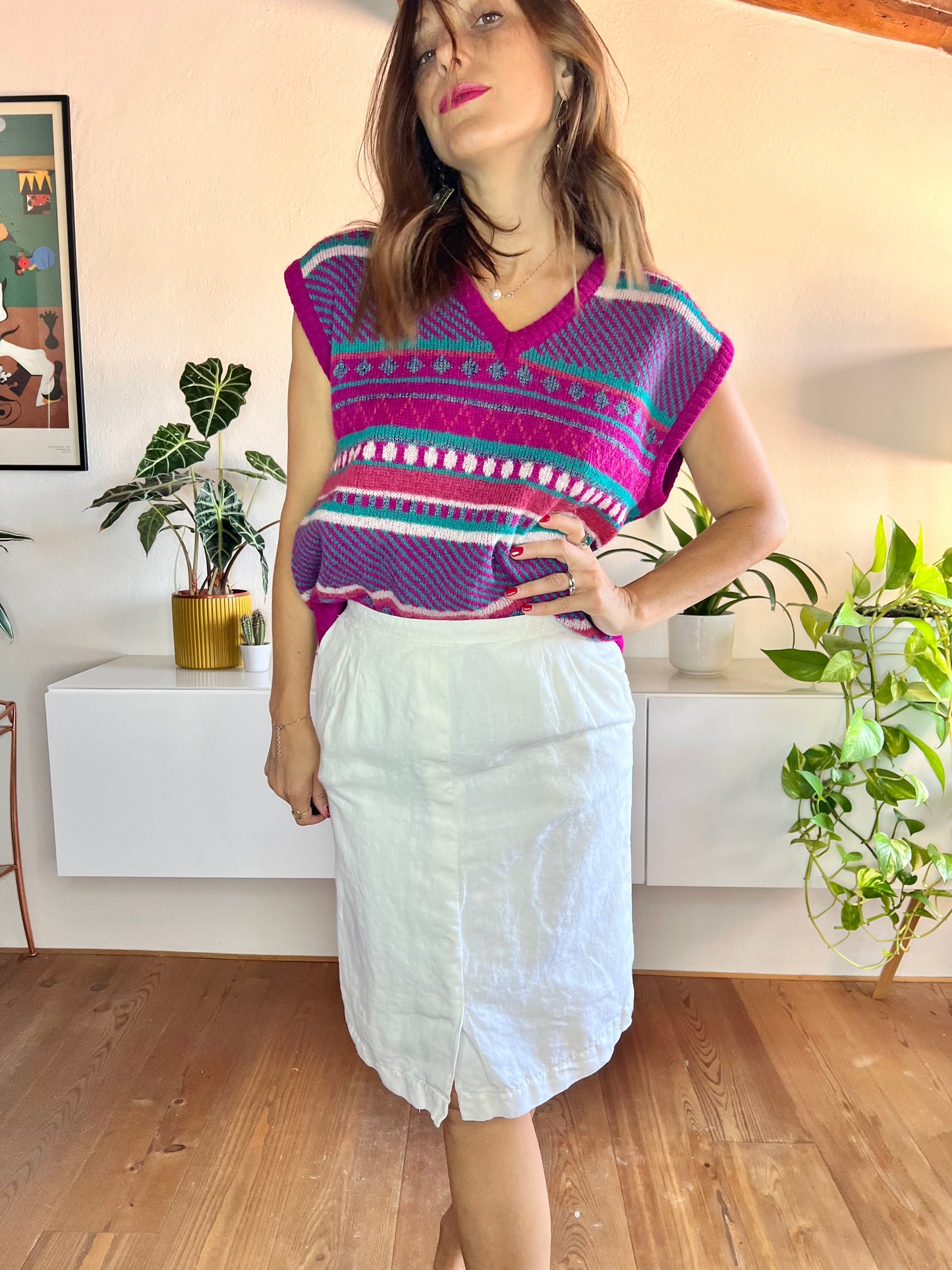 Gonna a tubino in lino bianco vintage anni '70